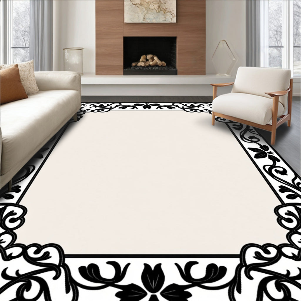 Classic Black Floral Border Design Rug