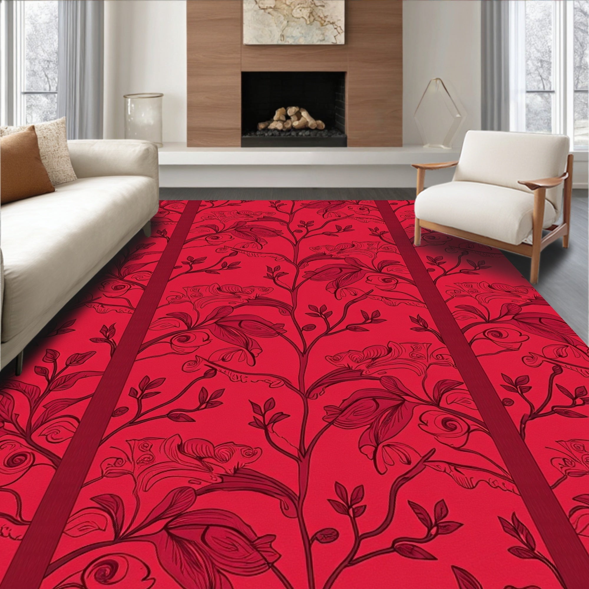 Red Floral Vine Traditional Rug Design Rug