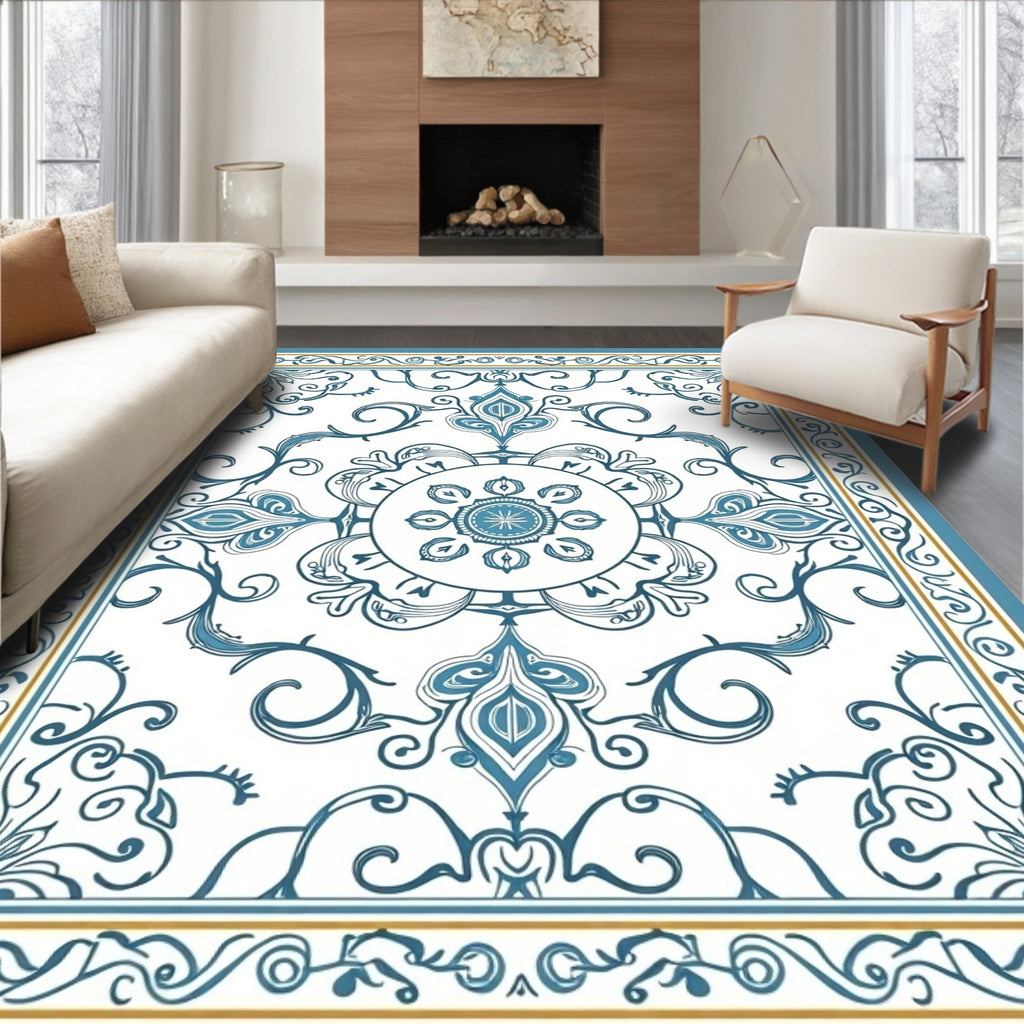 Blue Gold Medallion Floral Elegance Rug