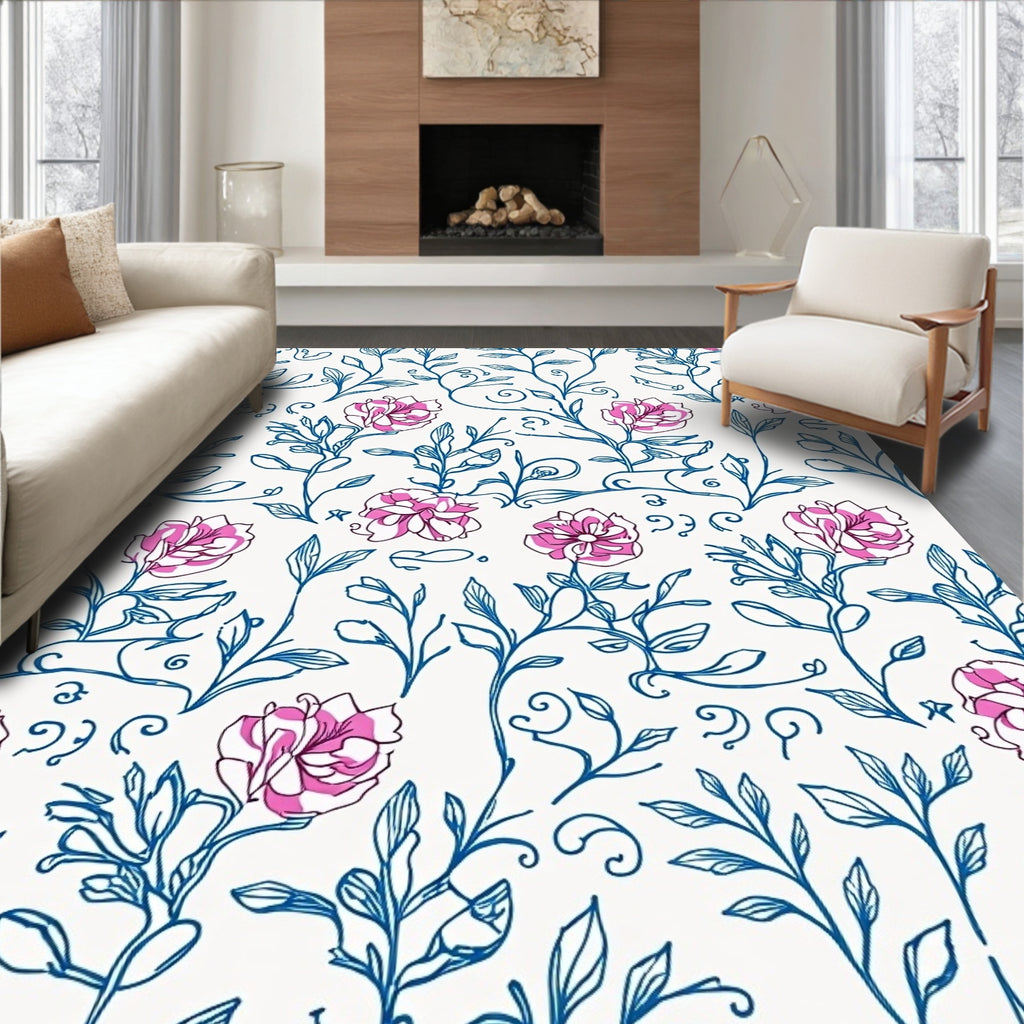 Floral Sketch Blue Pink Pattern Design Rug