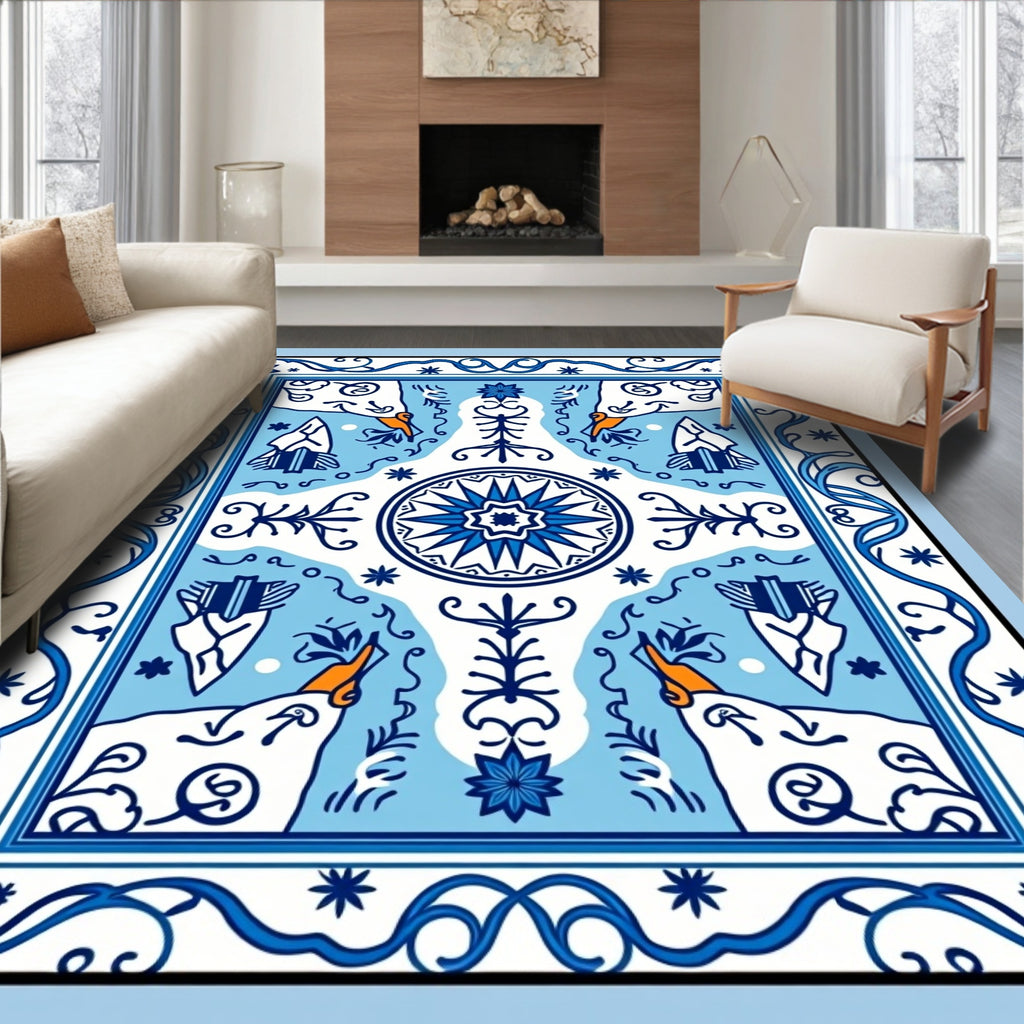 Blue White Folk Art Animal Medallion Rug