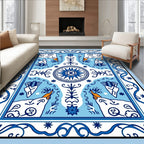 Blue White Folk Art Animal Medallion Rug