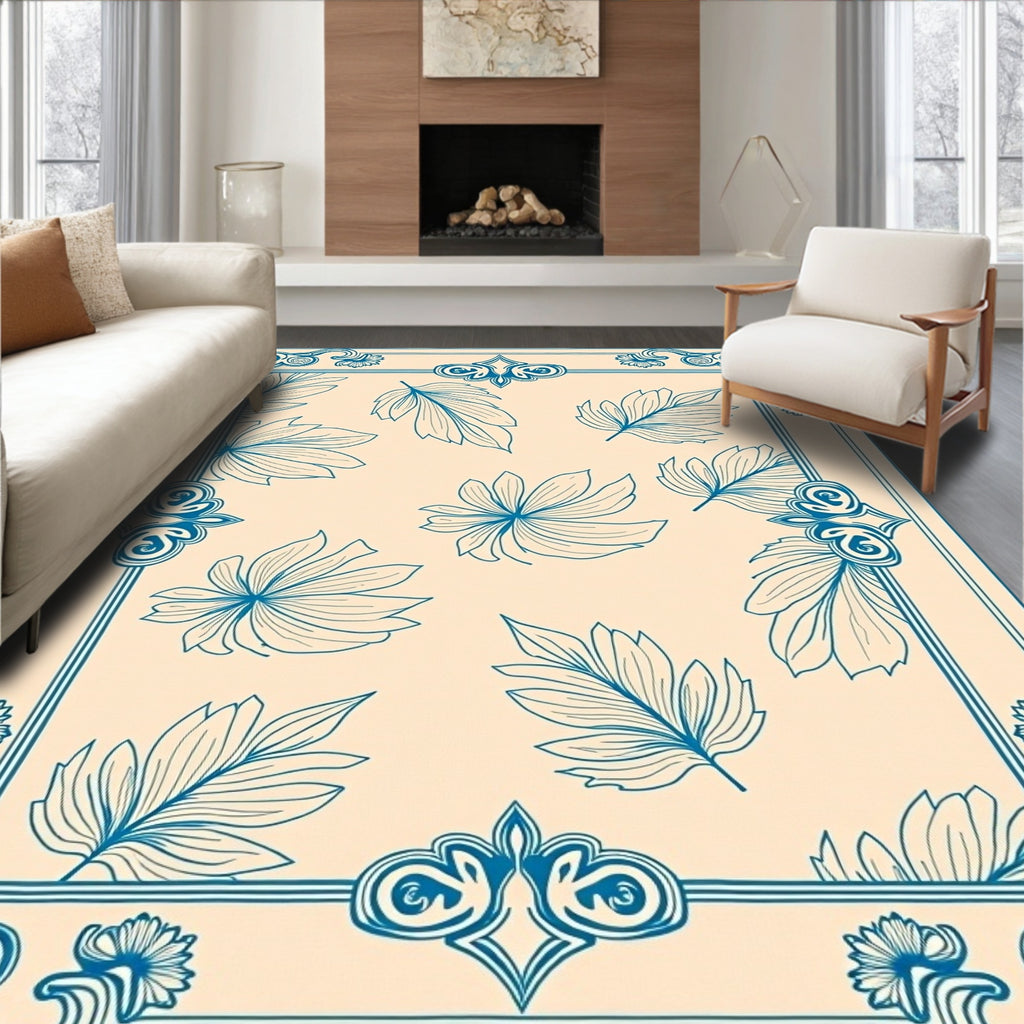 Elegant Blue Leaf Patterned Design Rug