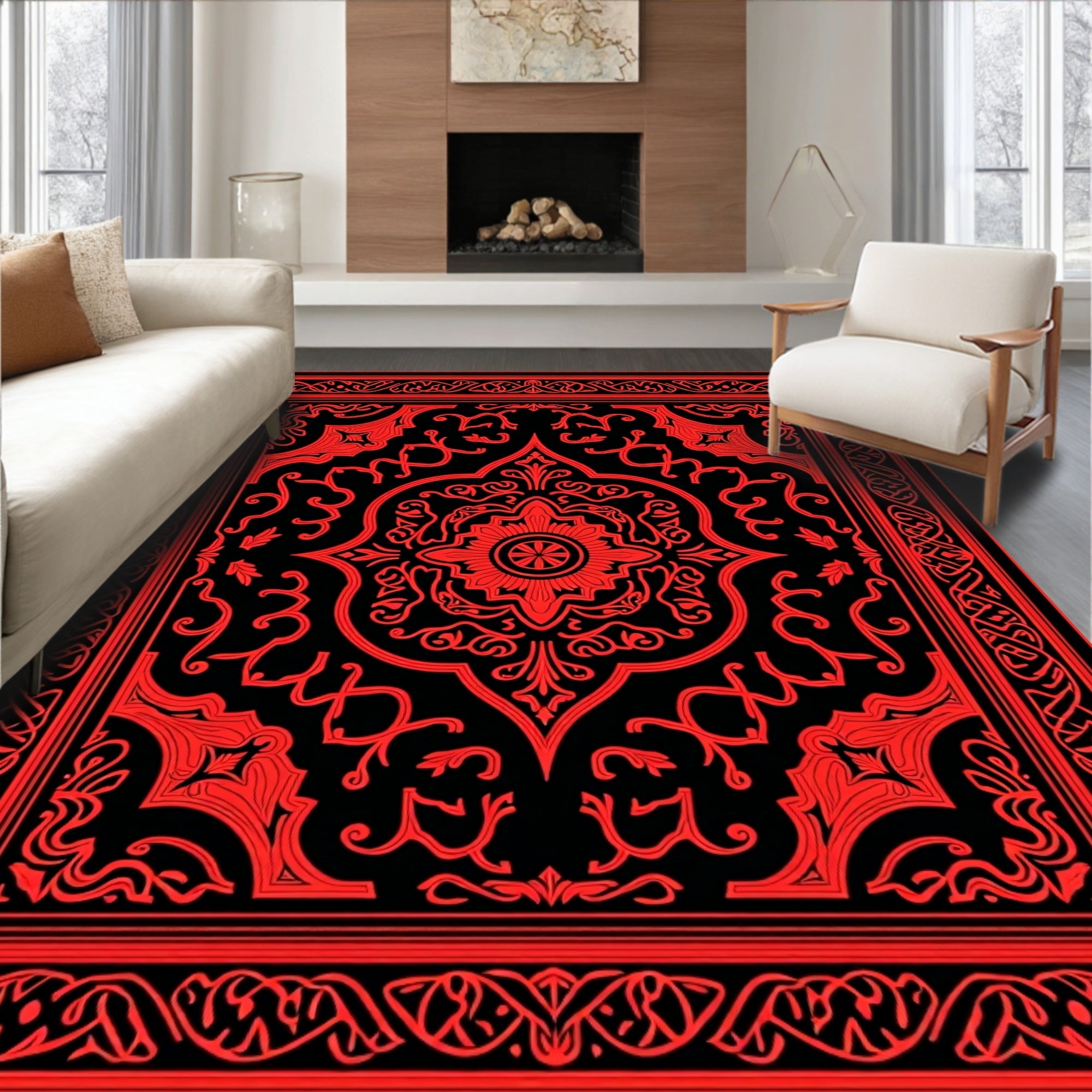 Ornate Red Black Floral Motif Rug