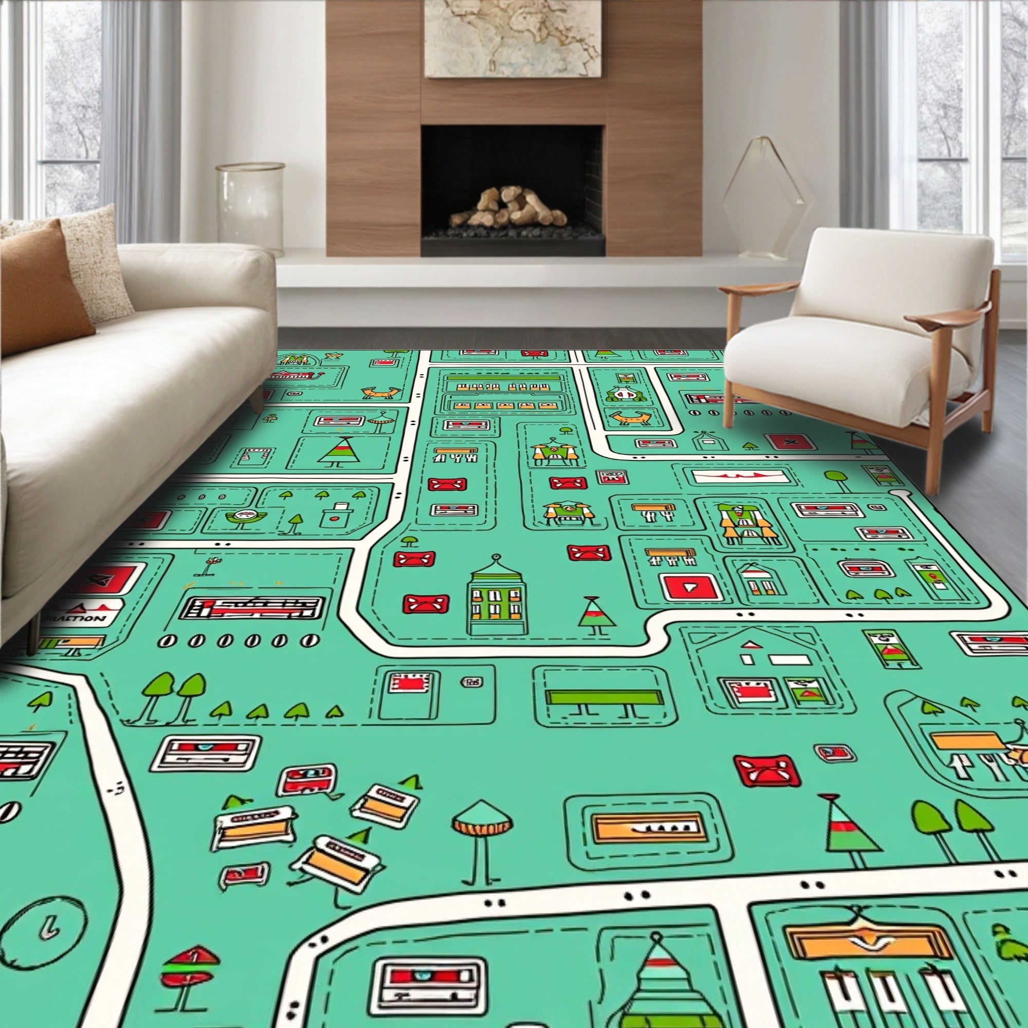 Whimsical Retro Cityscape Illustration Rug