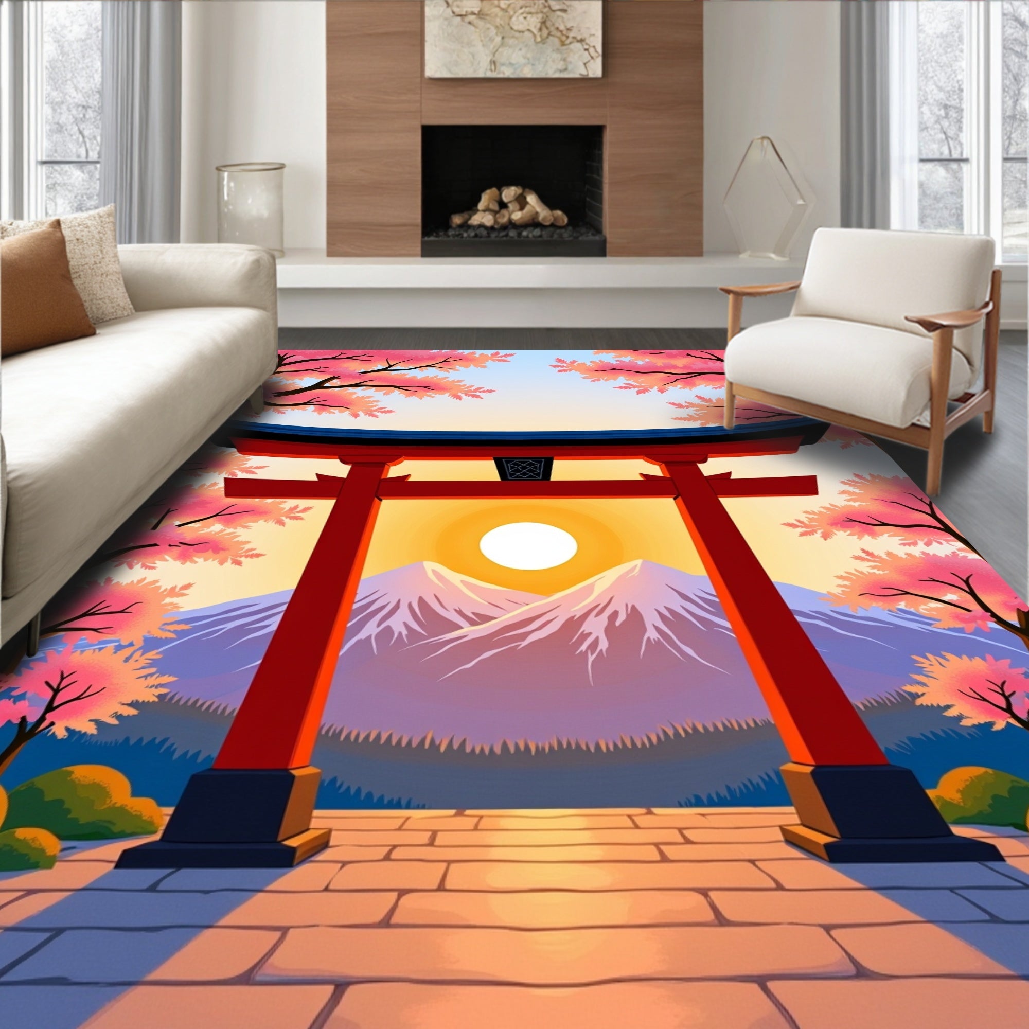 Sacred Torii Gate Cherry Blossom Scene Rug