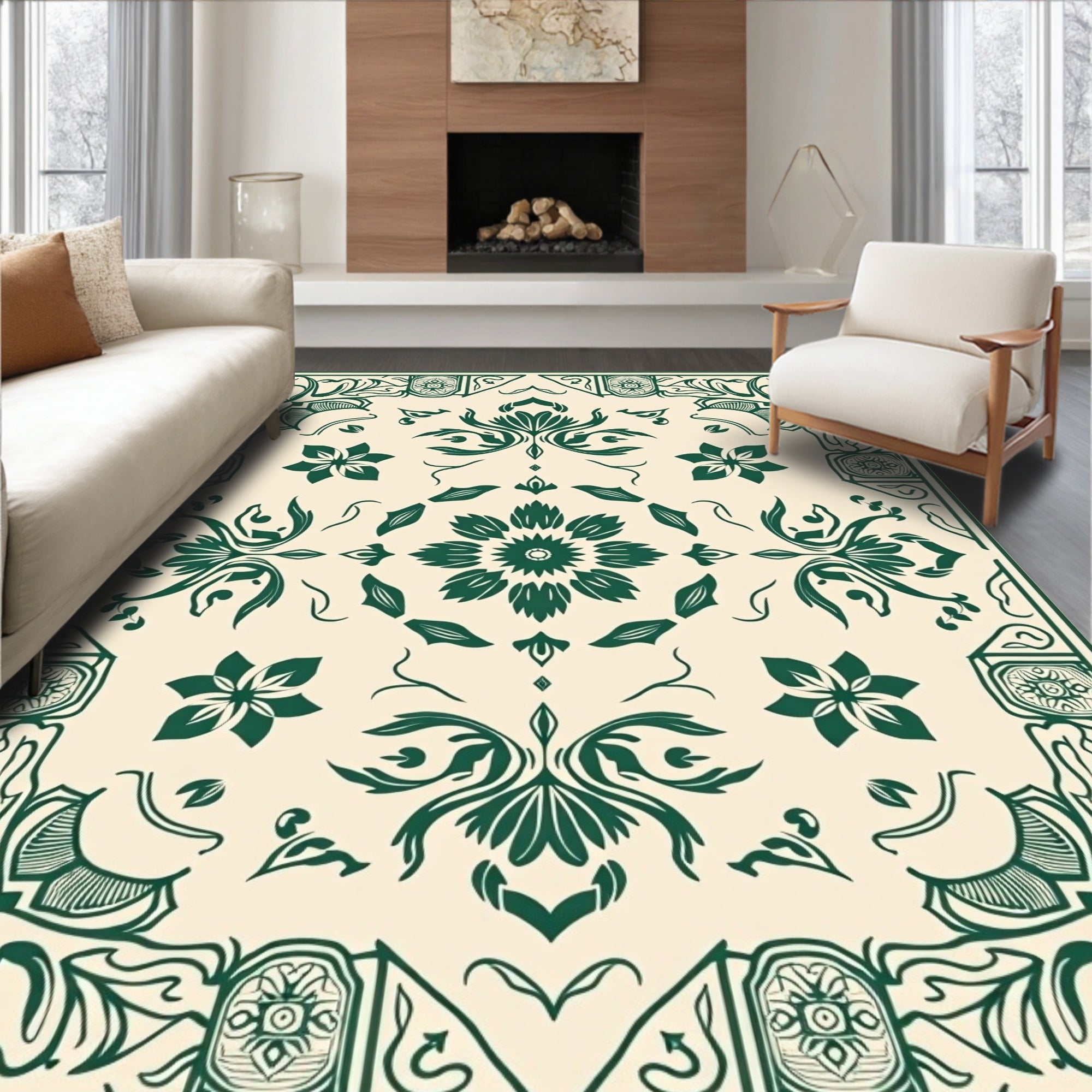 Elegant Green Floral Central Medallion Design Rug
