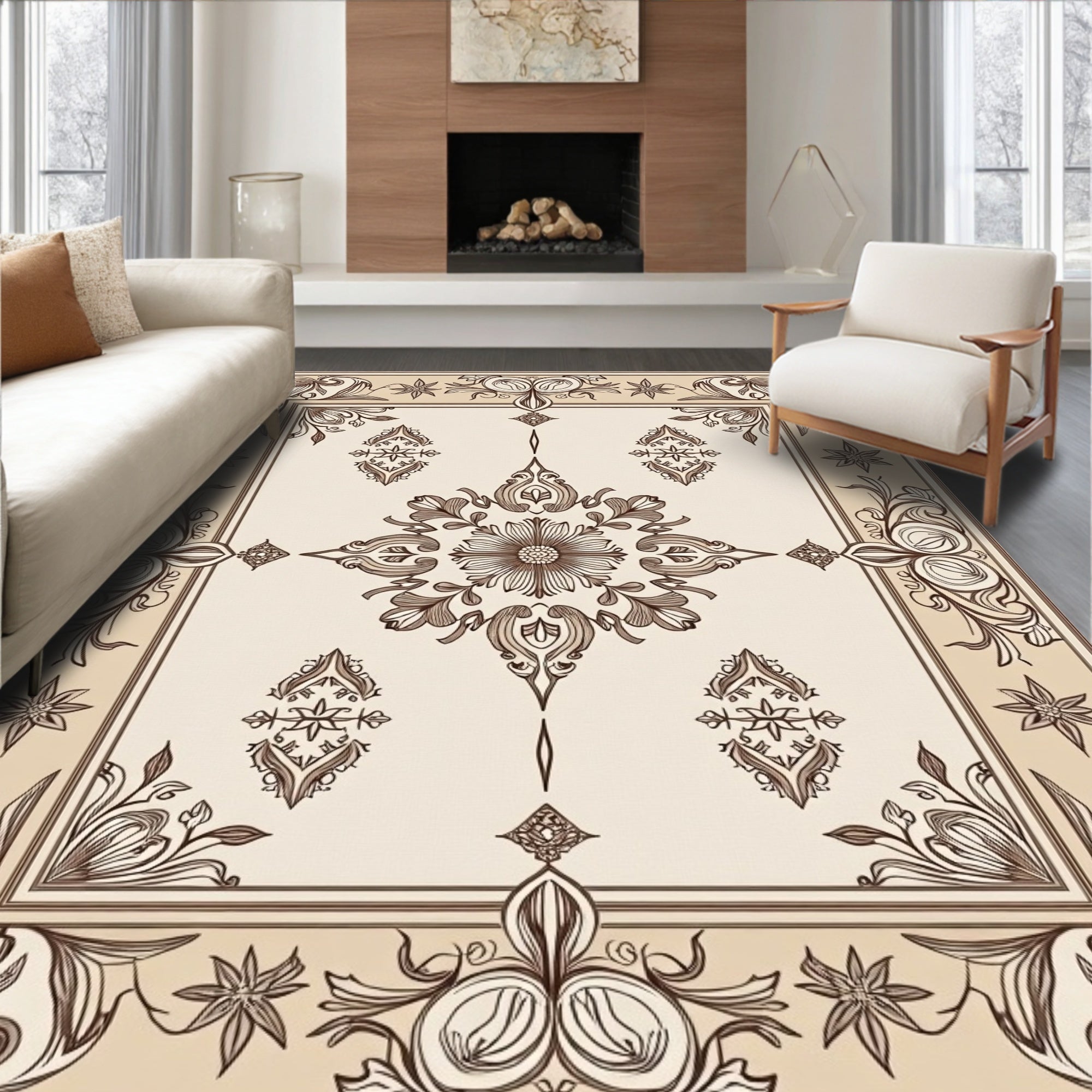 Elegant Floral Medallion Border Design Rug