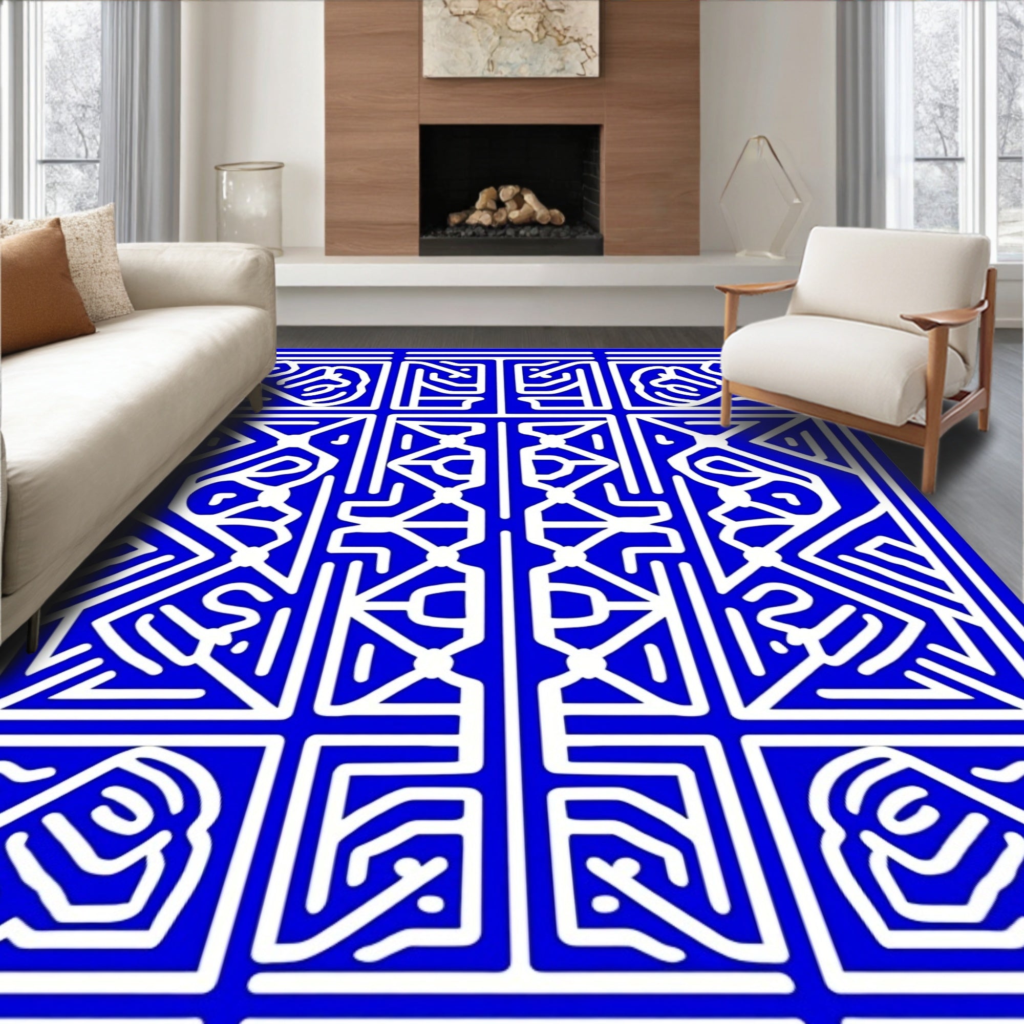 Bold Blue Abstract Graphic Pattern Rug