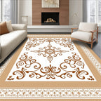 Ornate Brown Scrollwork Border Design Rug