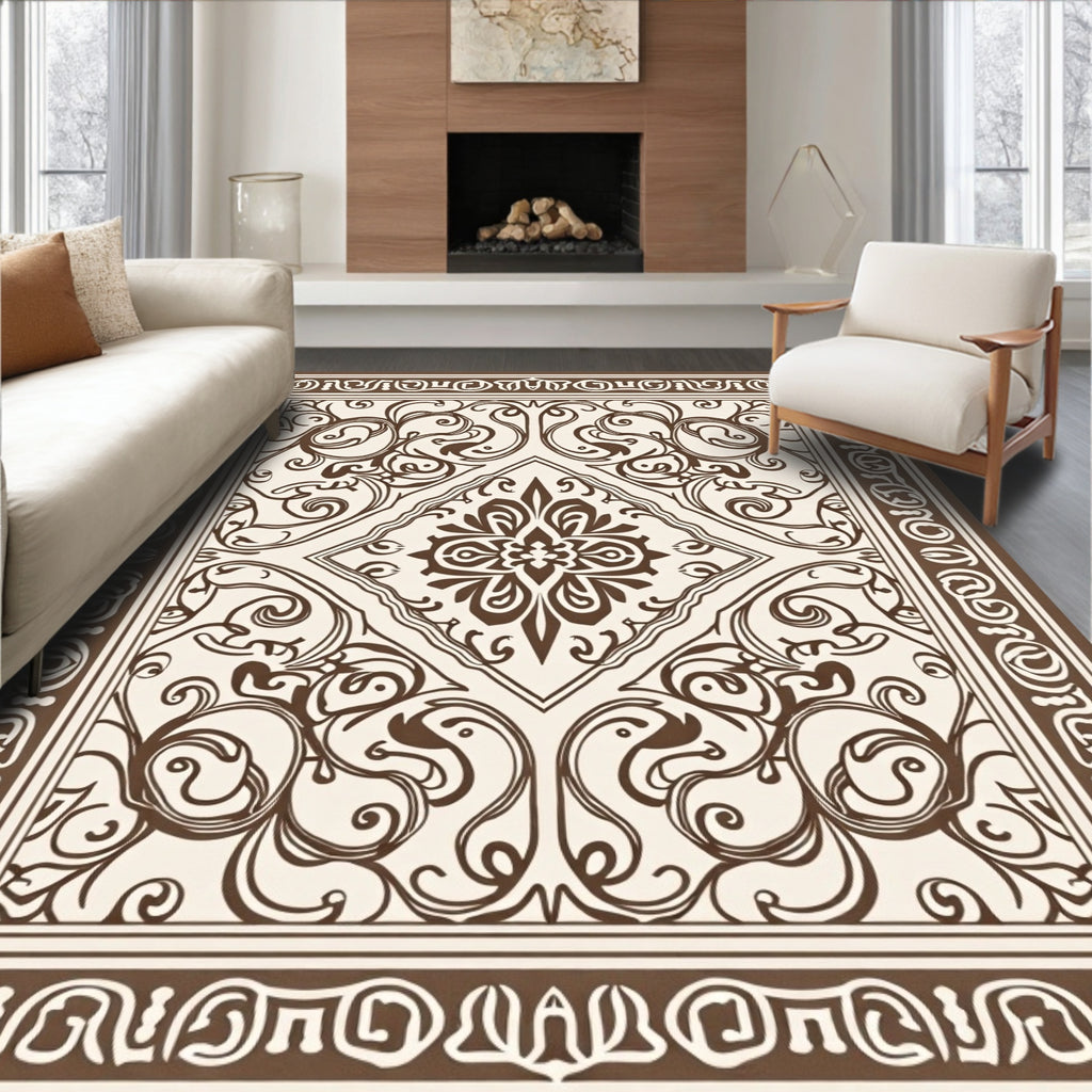 Ornate Brown Swirl Floral Pattern Rug