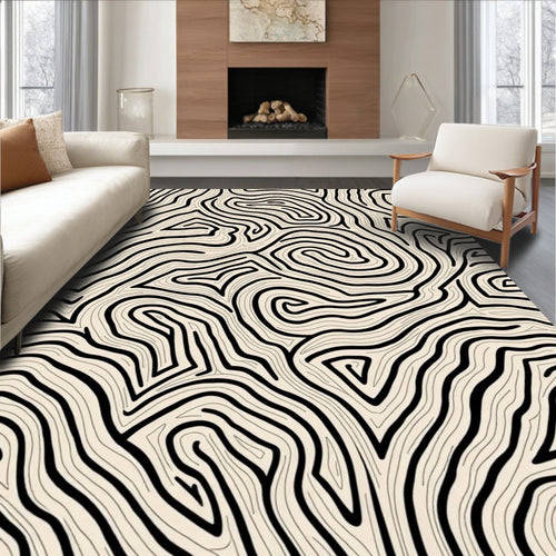 Abstract Black Swirls Beige Pattern Rug