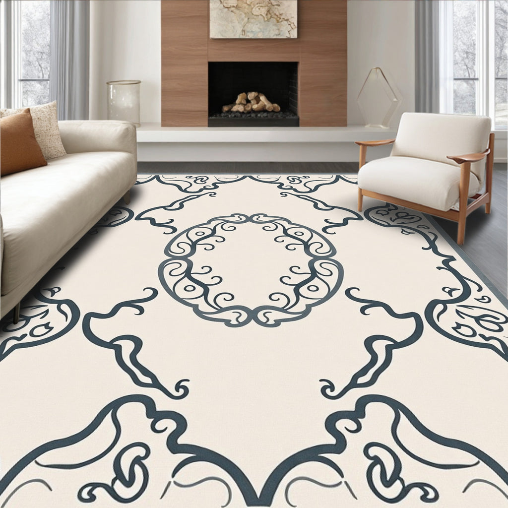 Ornate Scrollwork Cream Charcoal Rug