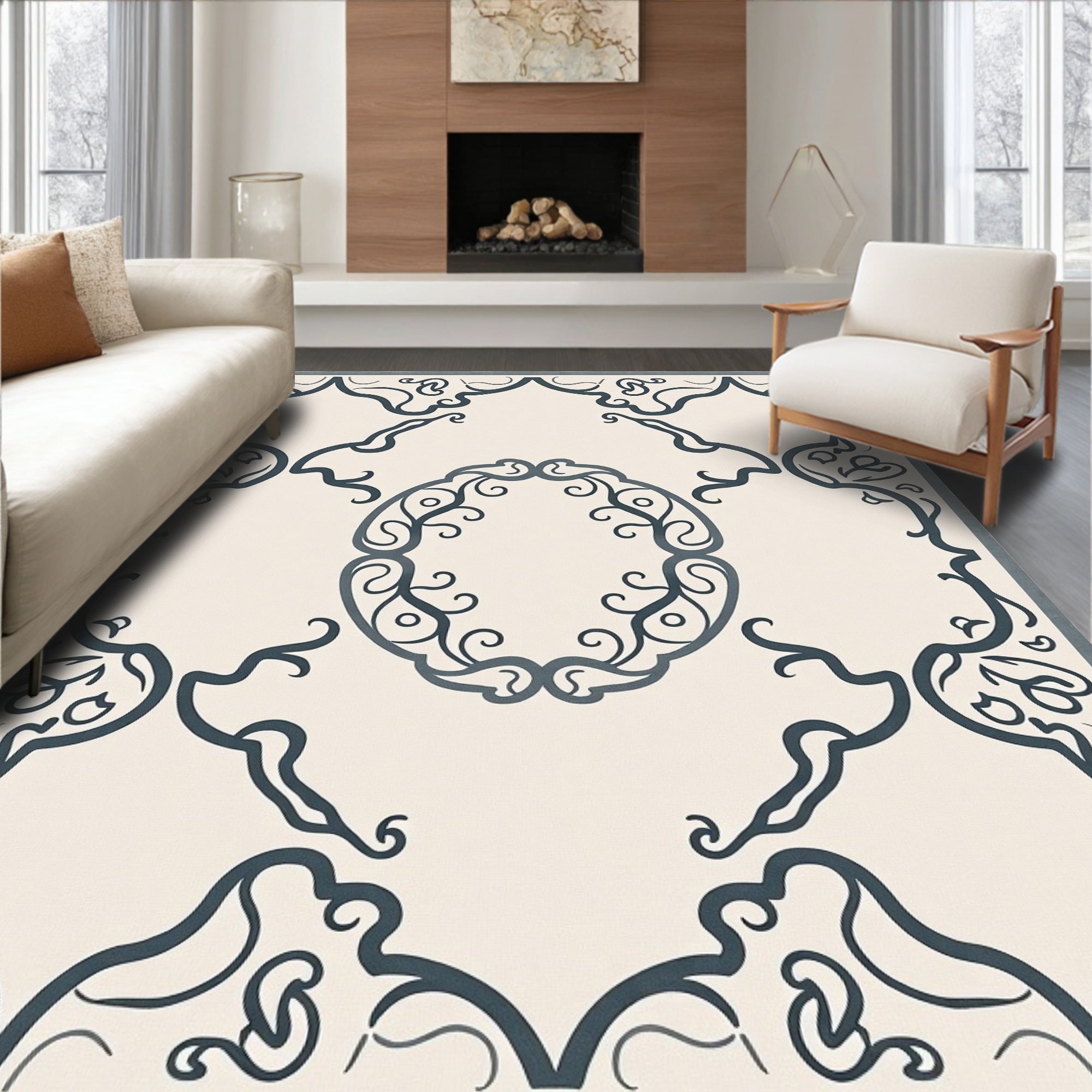 Ornate Scrollwork Cream Charcoal Rug