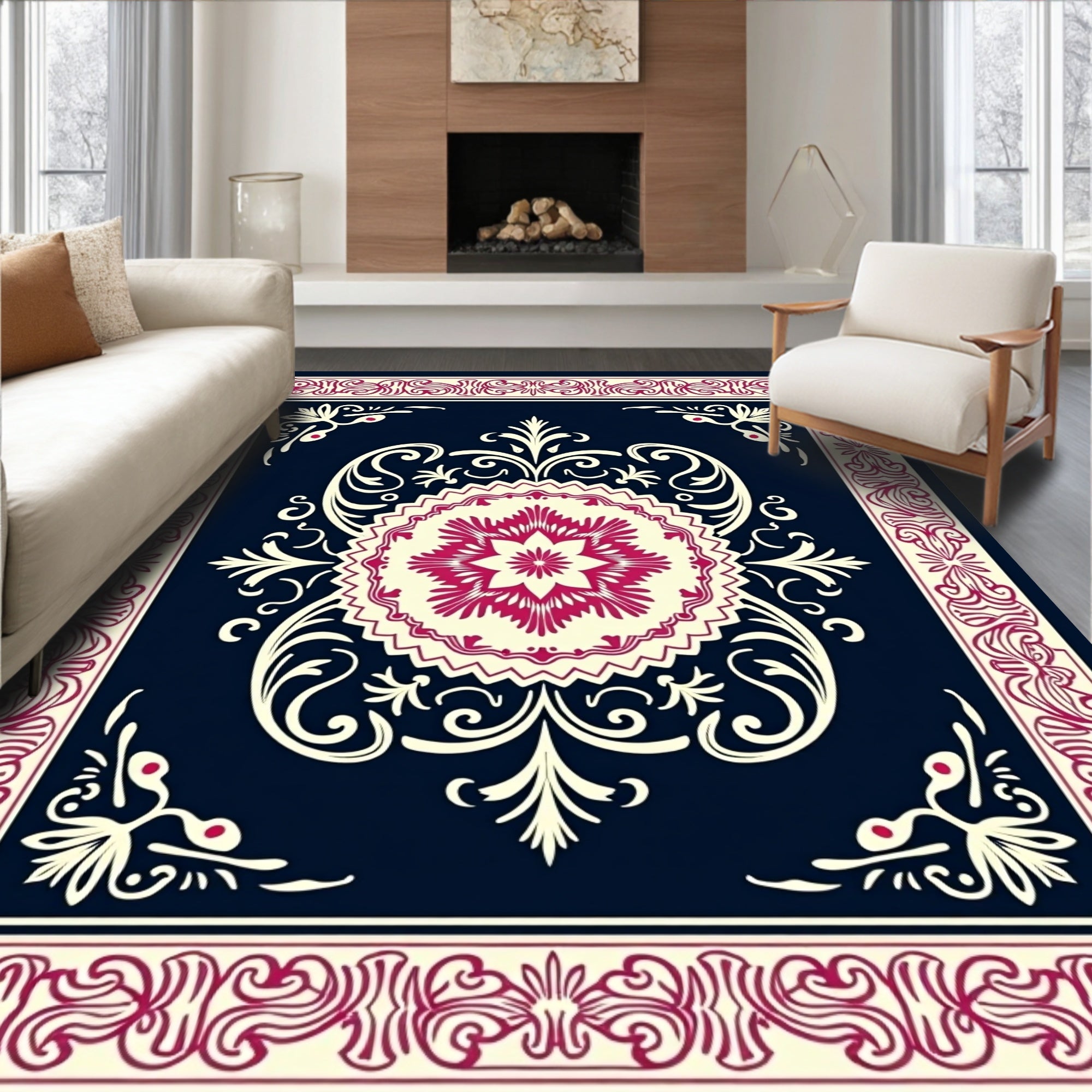 Crimson Cream Floral Mandala Border Rug