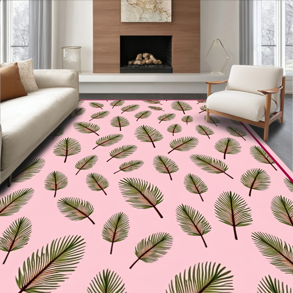 Pink Green Feathery Tropical Leaves Rug