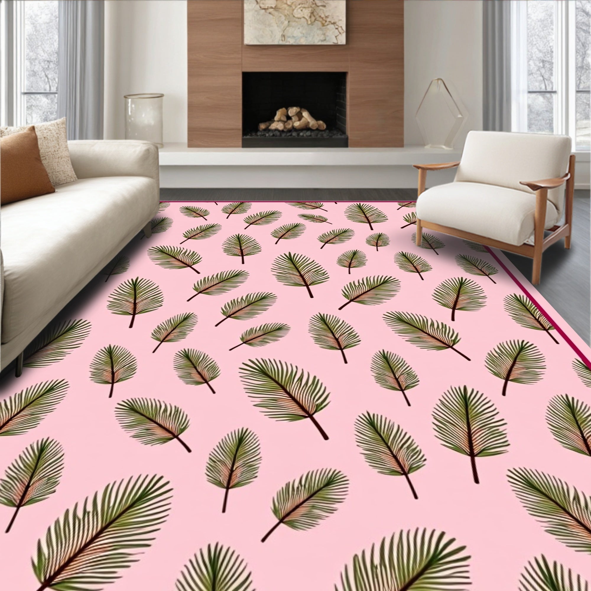 Pink Green Feathery Tropical Leaves Rug
