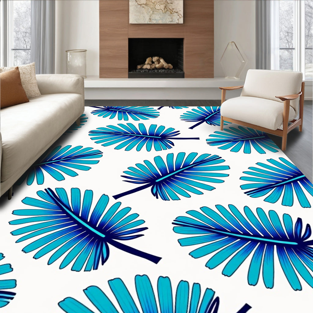 Blue Tropical Leaf Pattern Rug