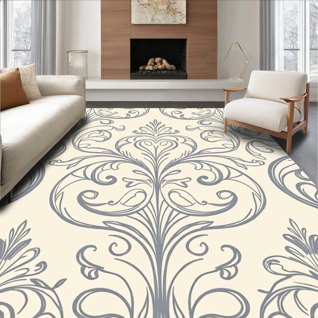 Gray Scrollwork Damask Pattern Rug