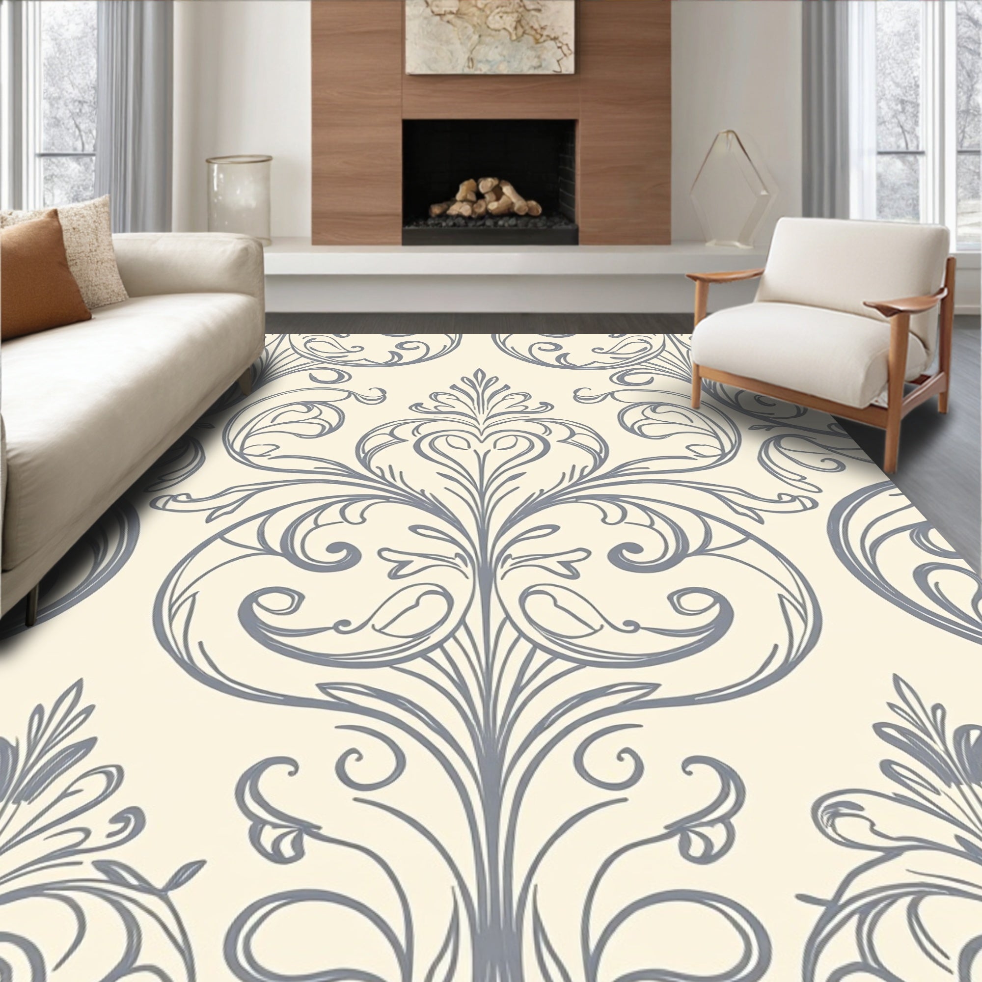 Gray Scrollwork Damask Pattern Rug