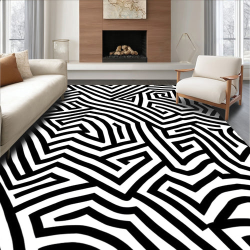 Abstract Maze Black White Pattern Rug