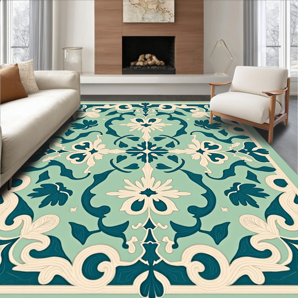 Mint Teal Floral Damask Pattern Rug
