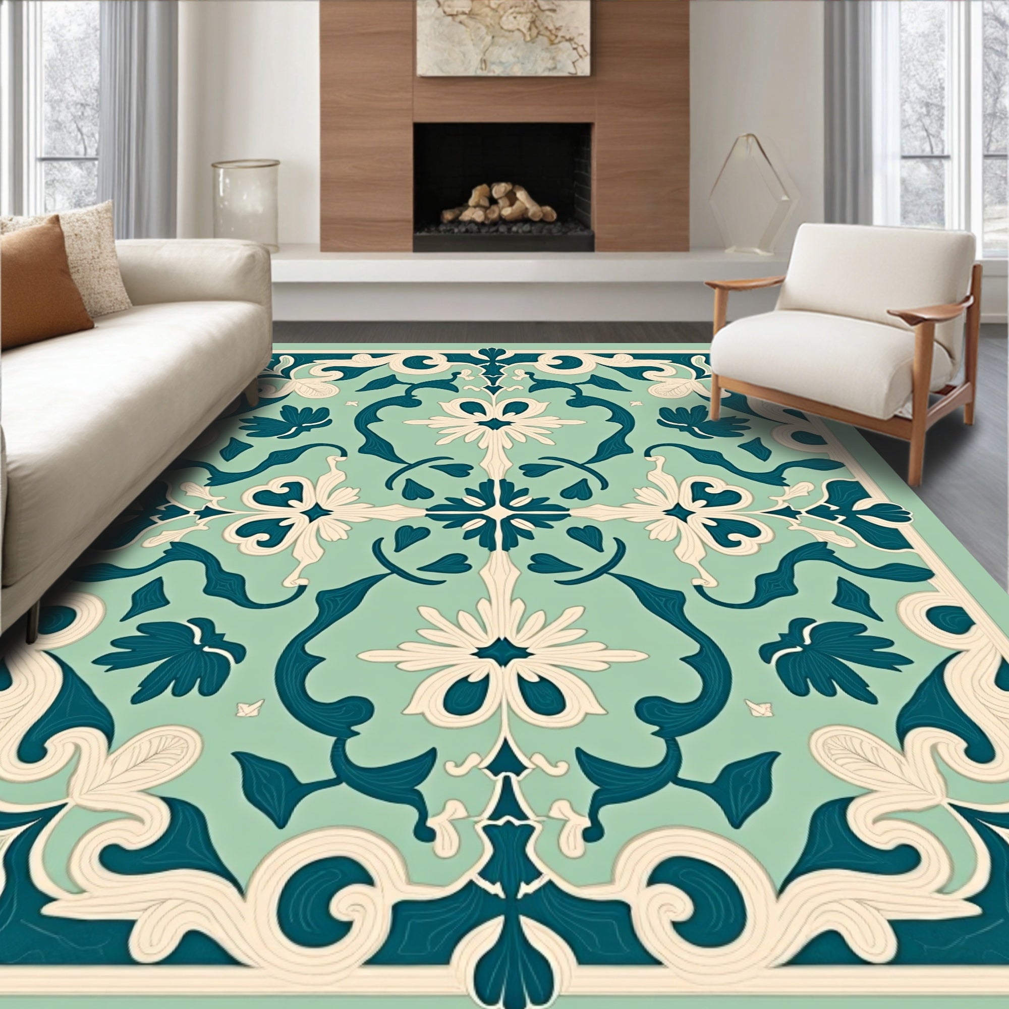 Mint Teal Floral Damask Pattern Rug