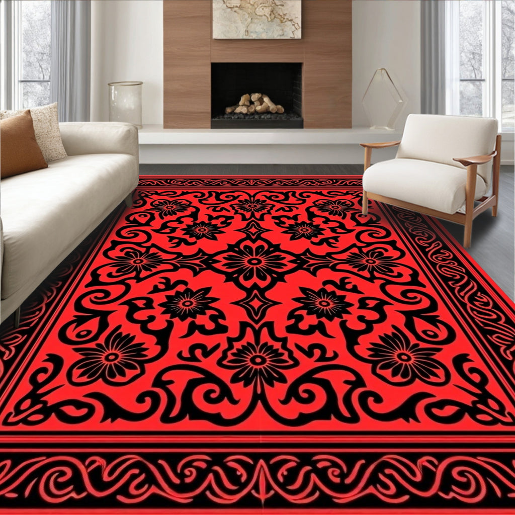 Bold Floral Red Black Pattern Design Rug