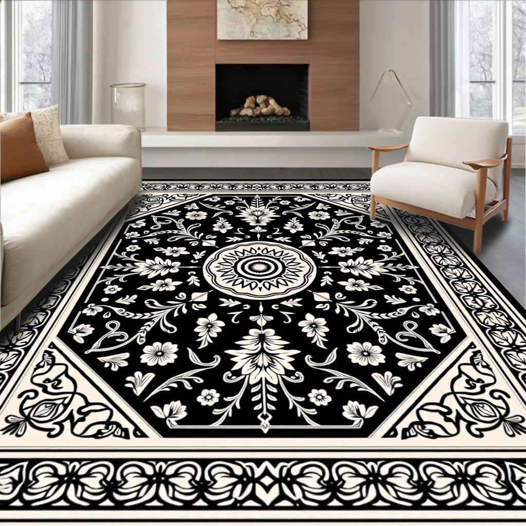 Classic Black Cream Floral Mandala Design Rug