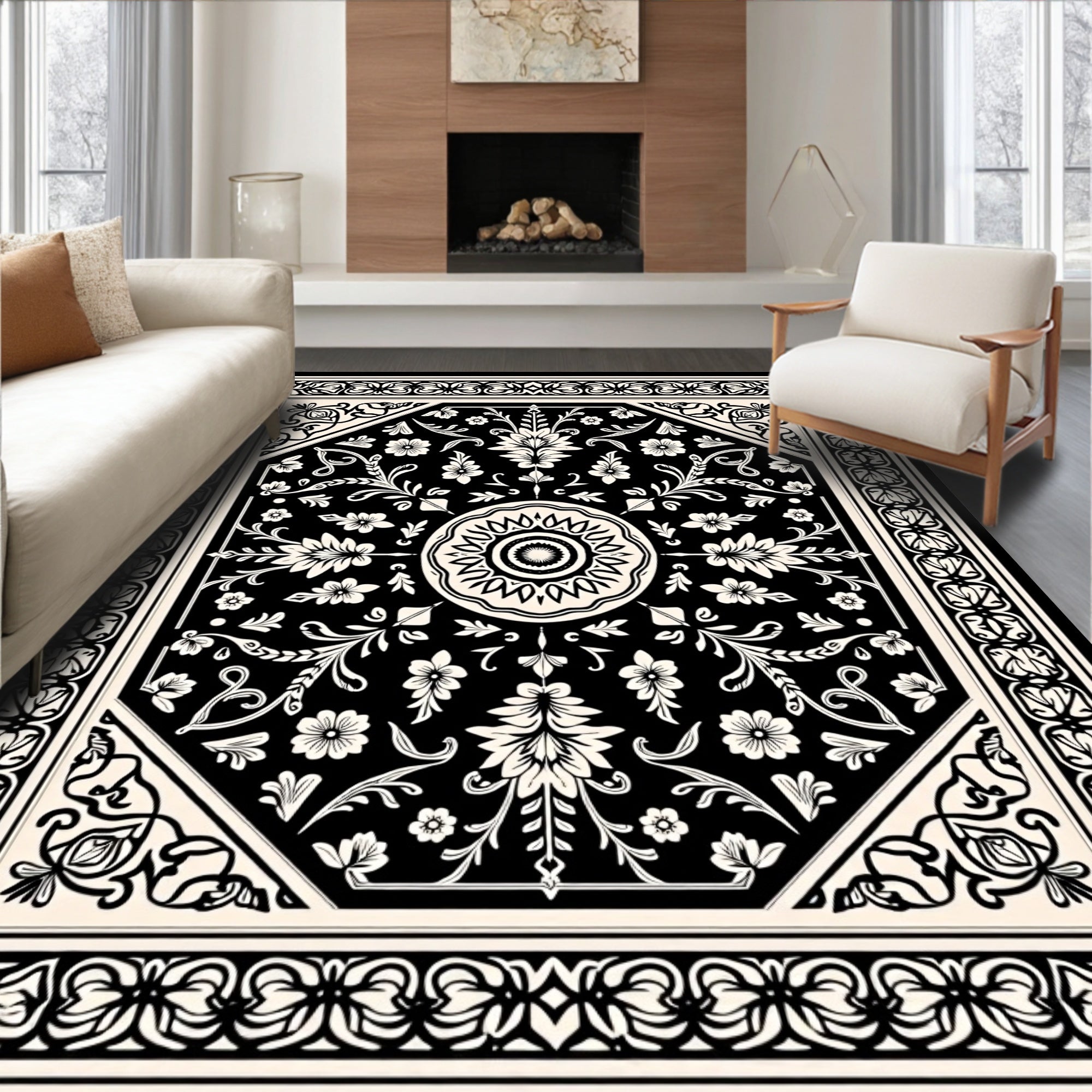Classic Black Cream Floral Mandala Design Rug