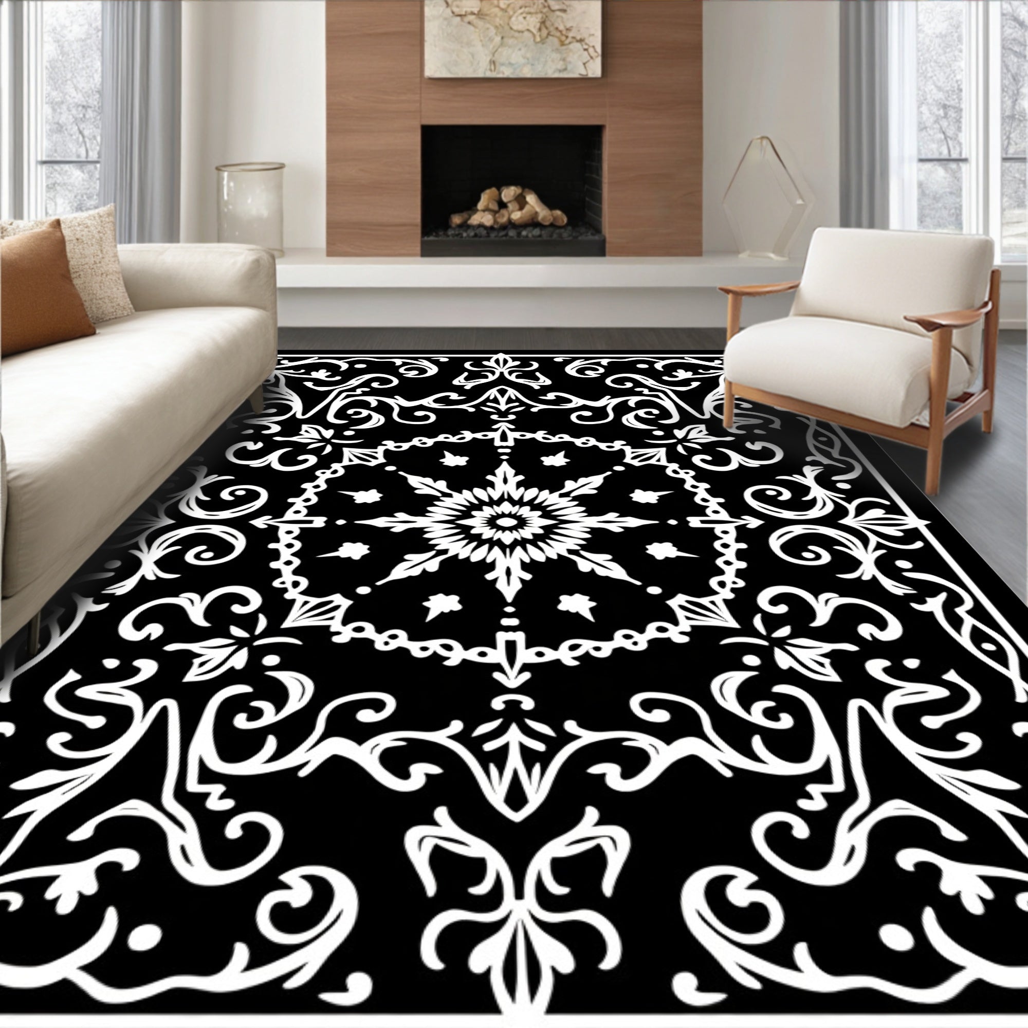 Elegant Vintage Monochrome Scroll Pattern Rug