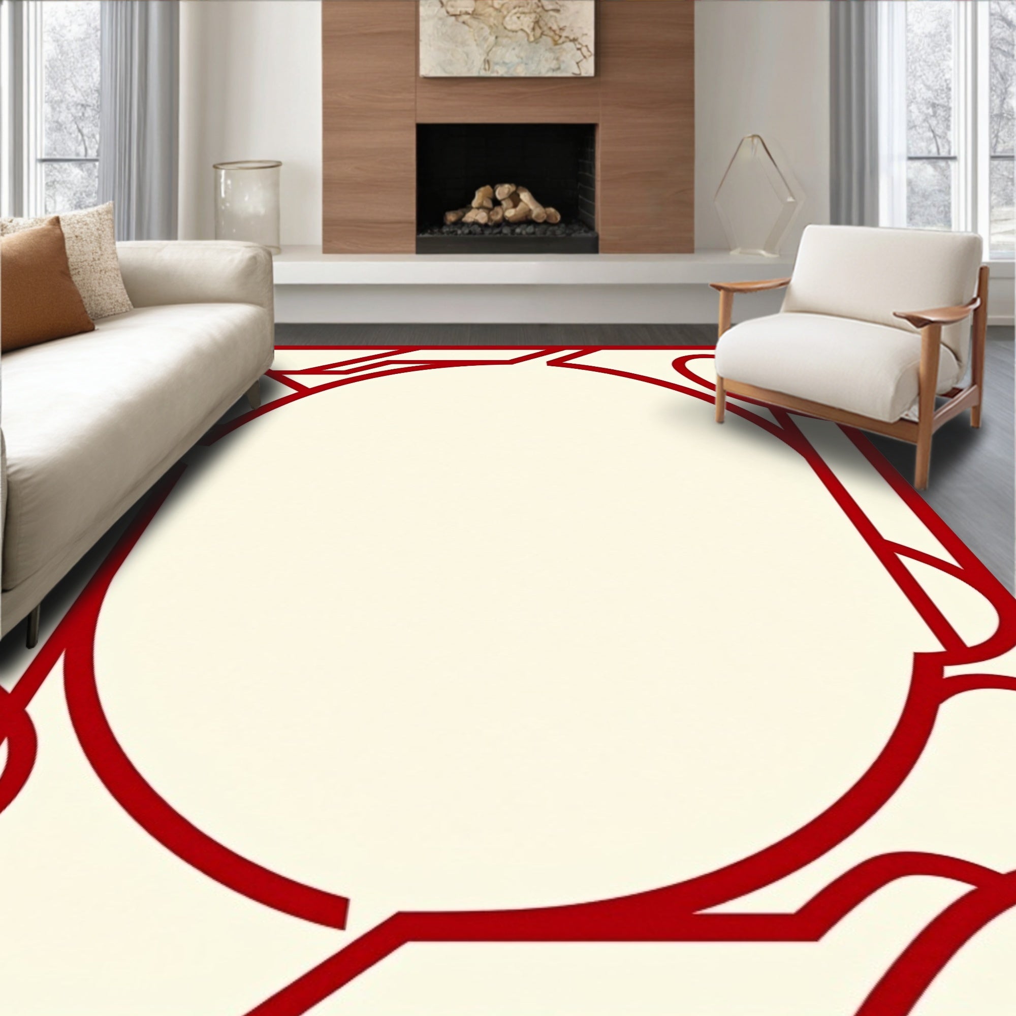 Red Geometric Swirl Border Rug