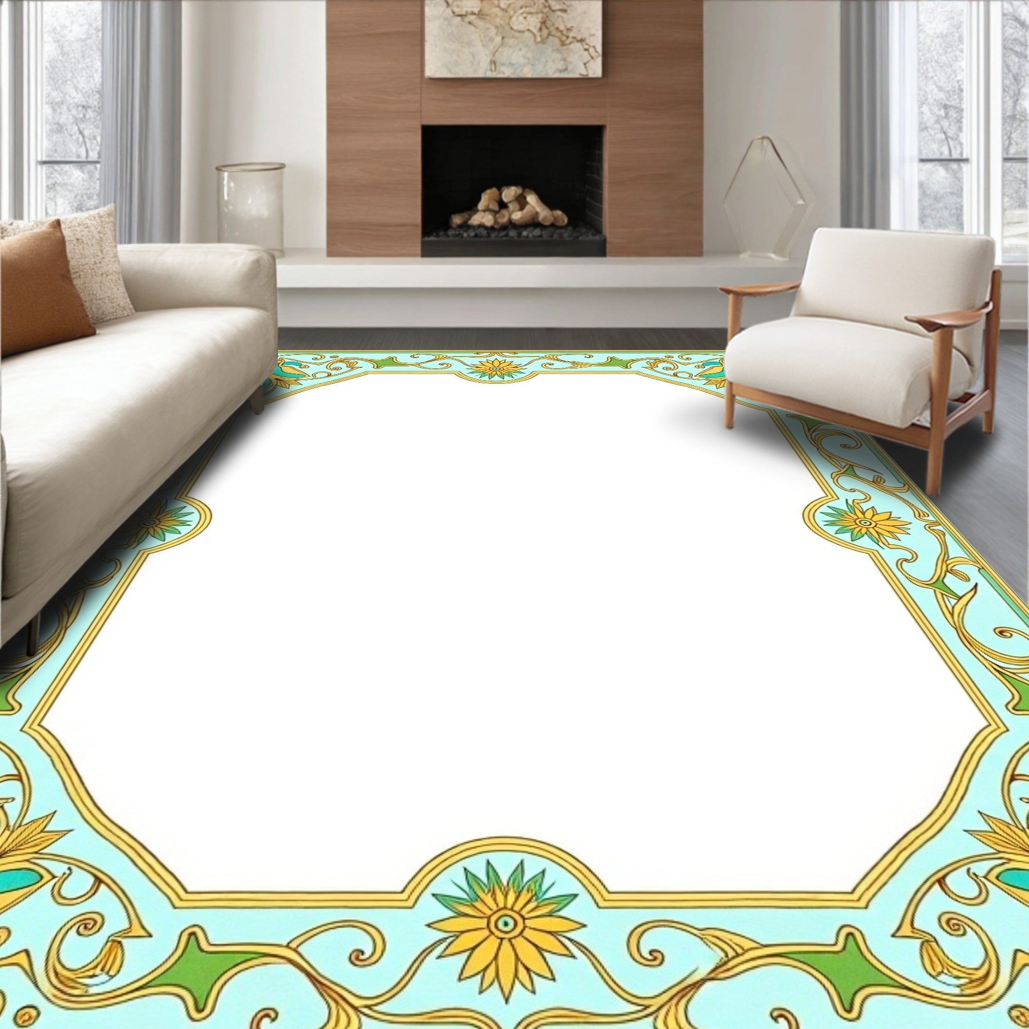 Art Nouveau Floral Yellow Teal Border Rug