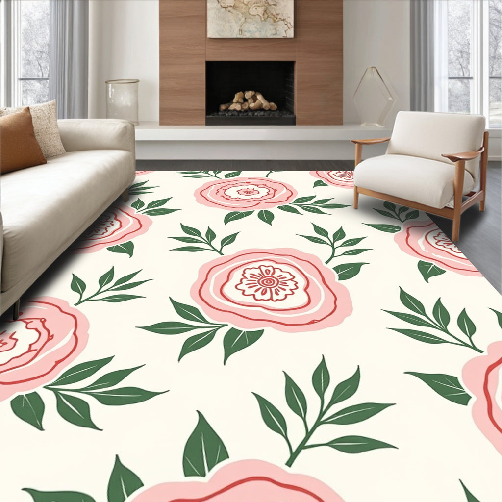 Pink Blossom And Leaf Pattern Rug