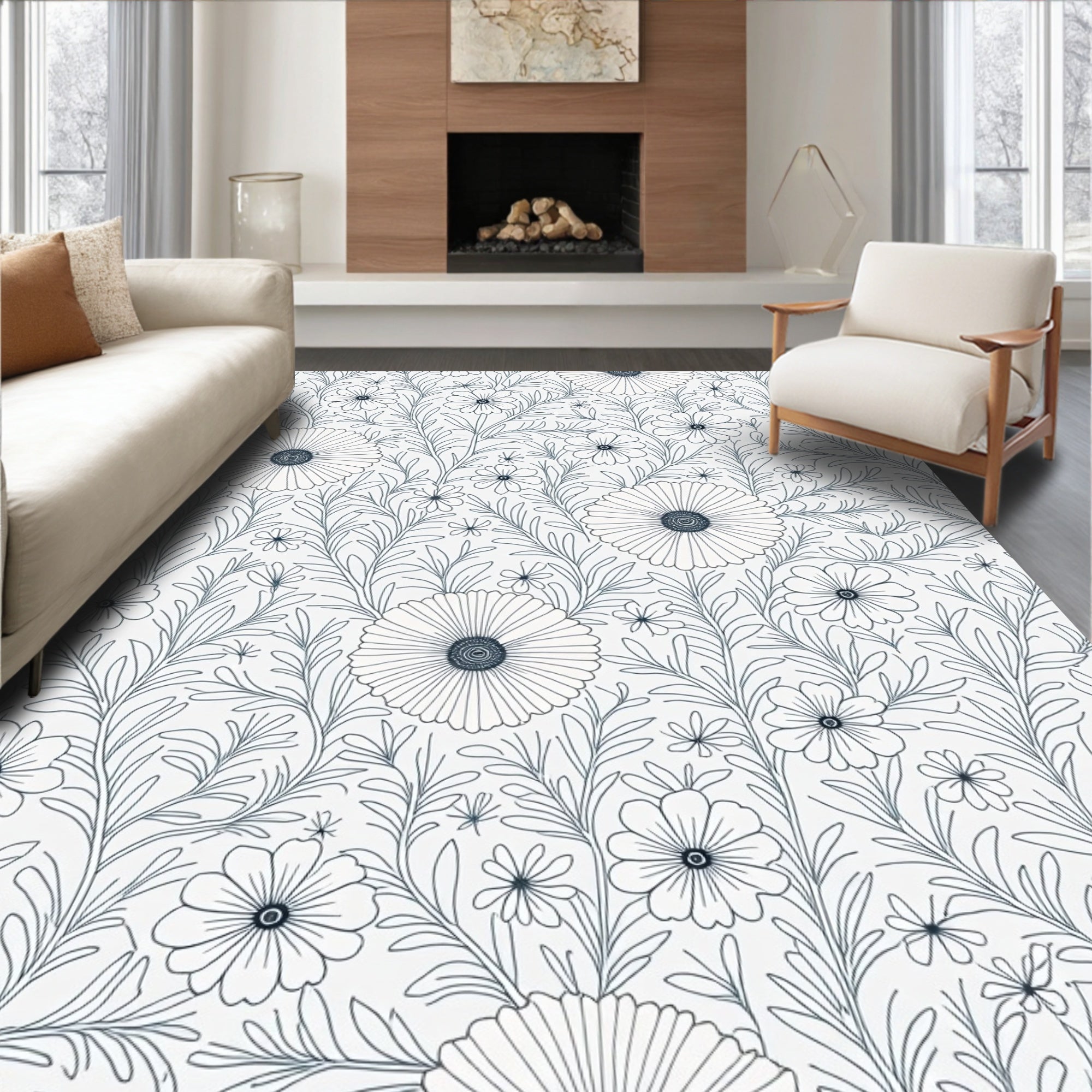 Floral Botanical Line Art Design Rug