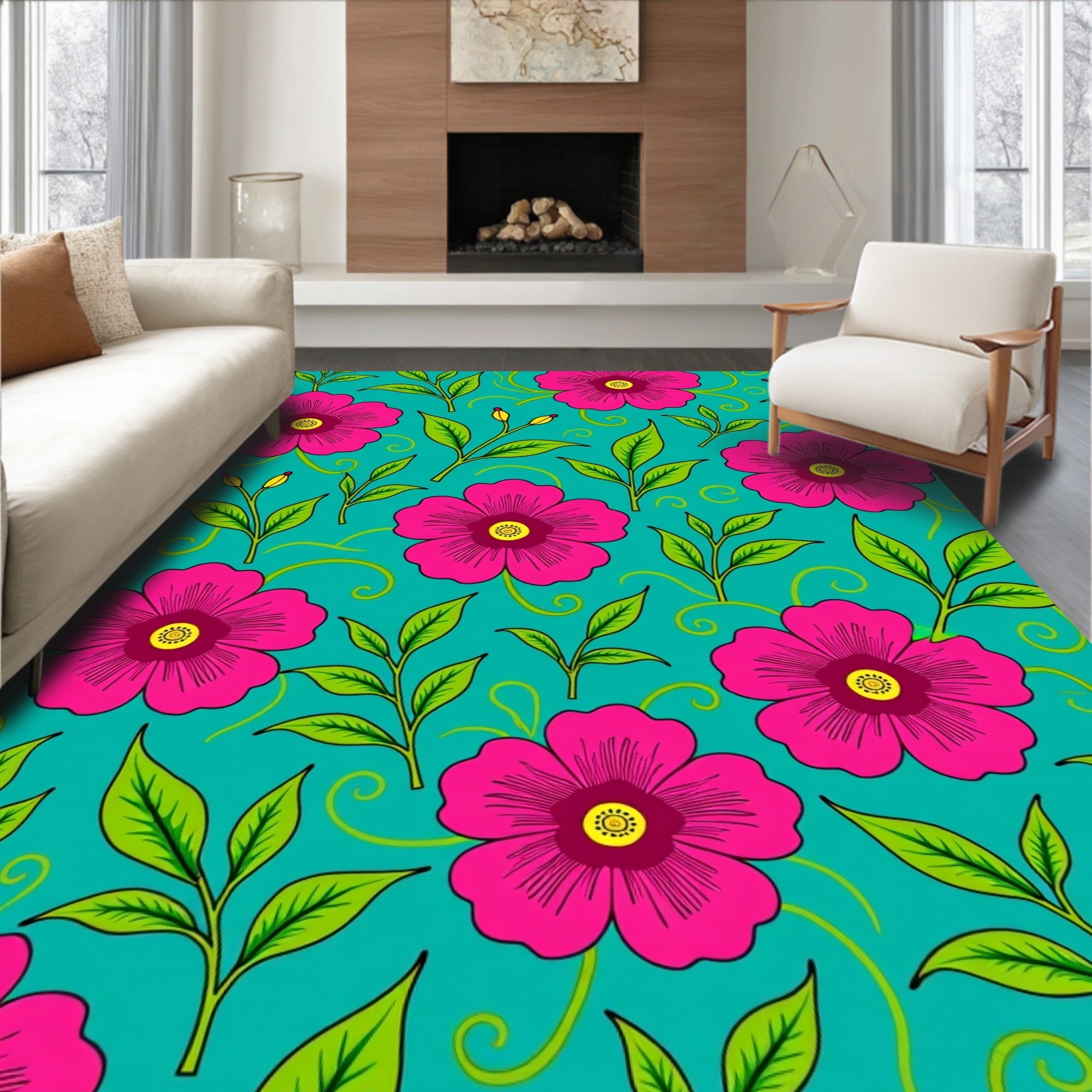 Vibrant Fuchsia Floral Swirl Pattern Rug