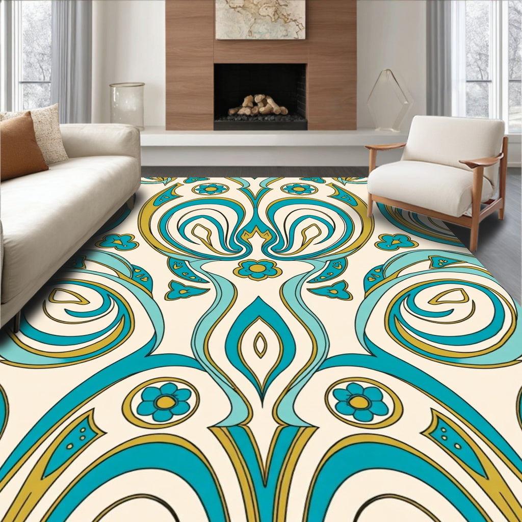 Art Nouveau Teal Floral Swirls Rug