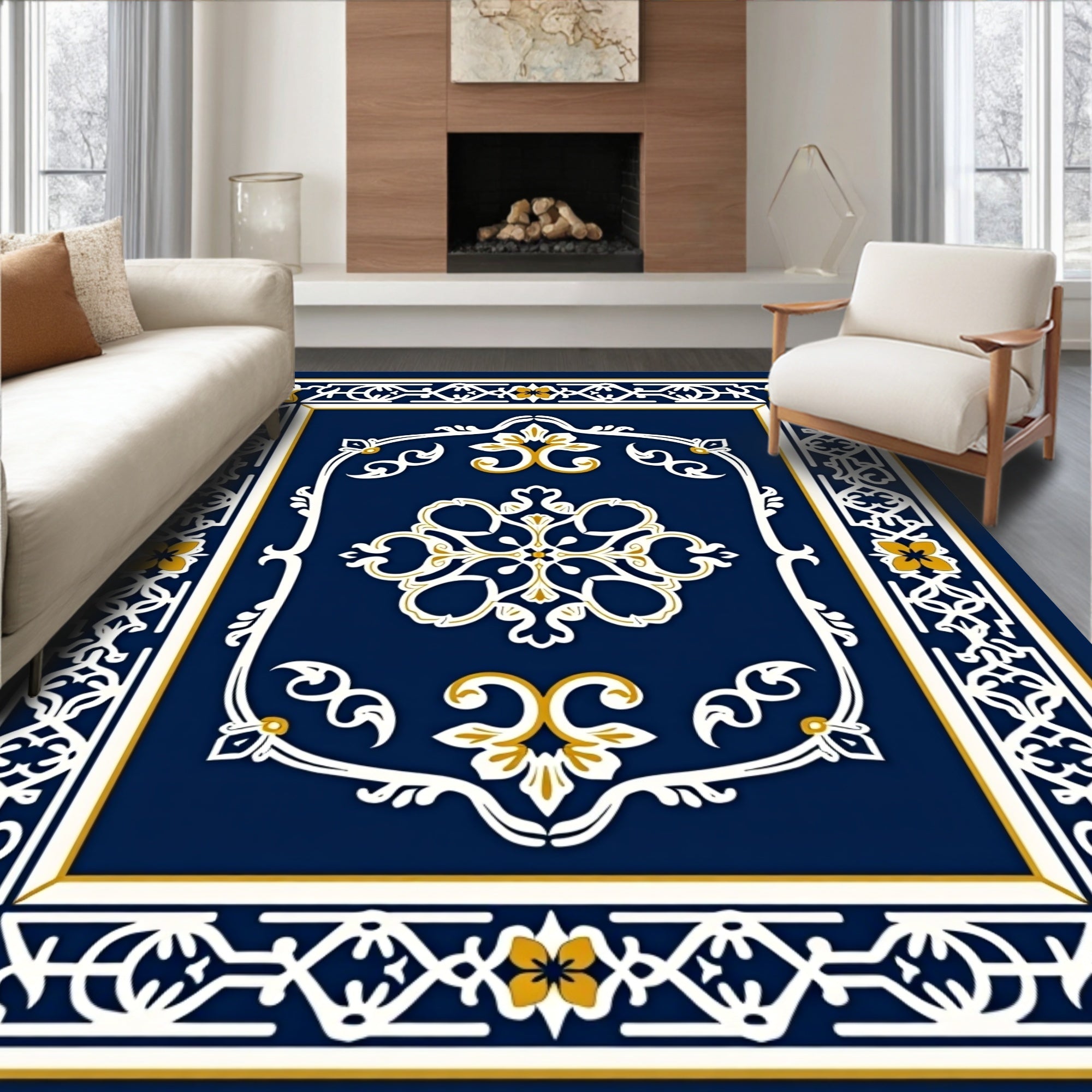Classic Navy White Gold Ornamental Rug