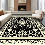 Ornate Black Cream Floral Pattern Rug