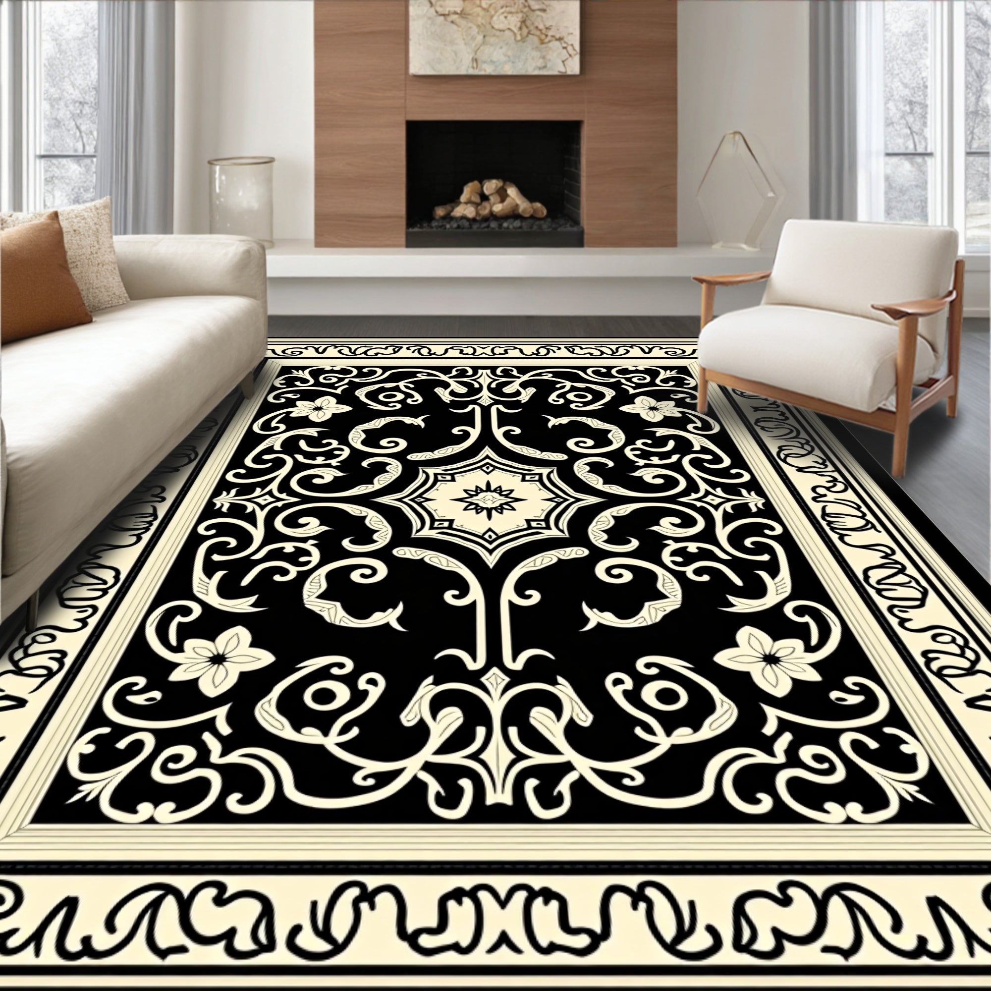 Ornate Black Cream Floral Pattern Rug