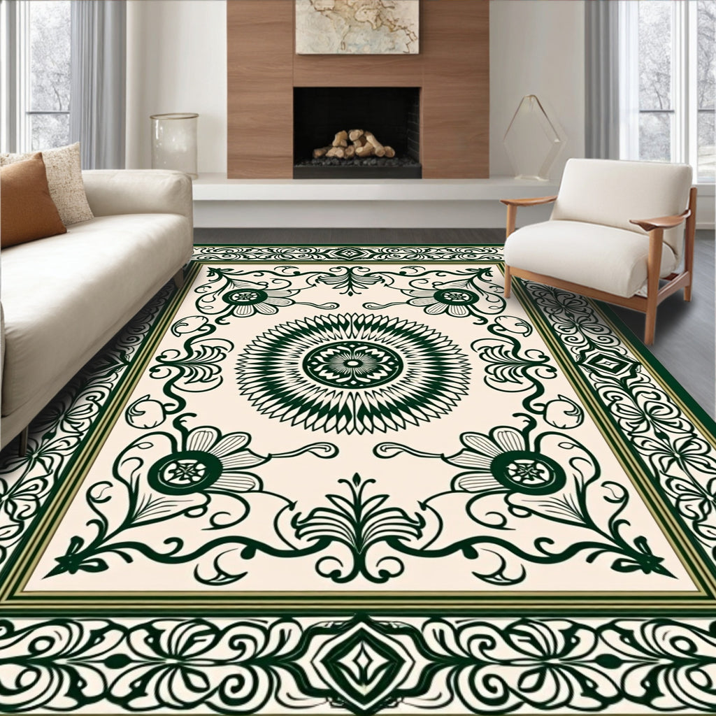 Dark Green Floral Medallion Intricate Design Rug