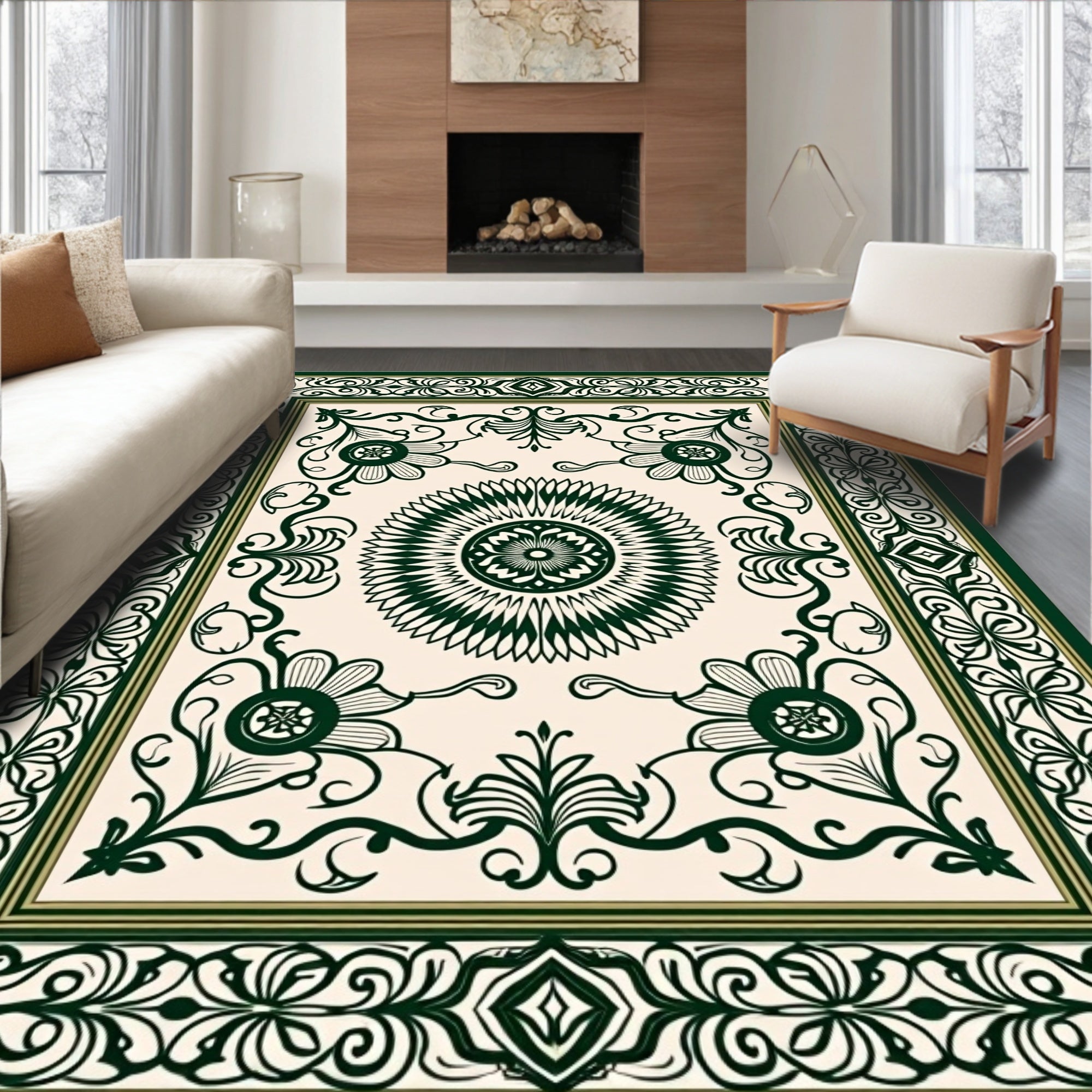 Dark Green Floral Medallion Intricate Design Rug