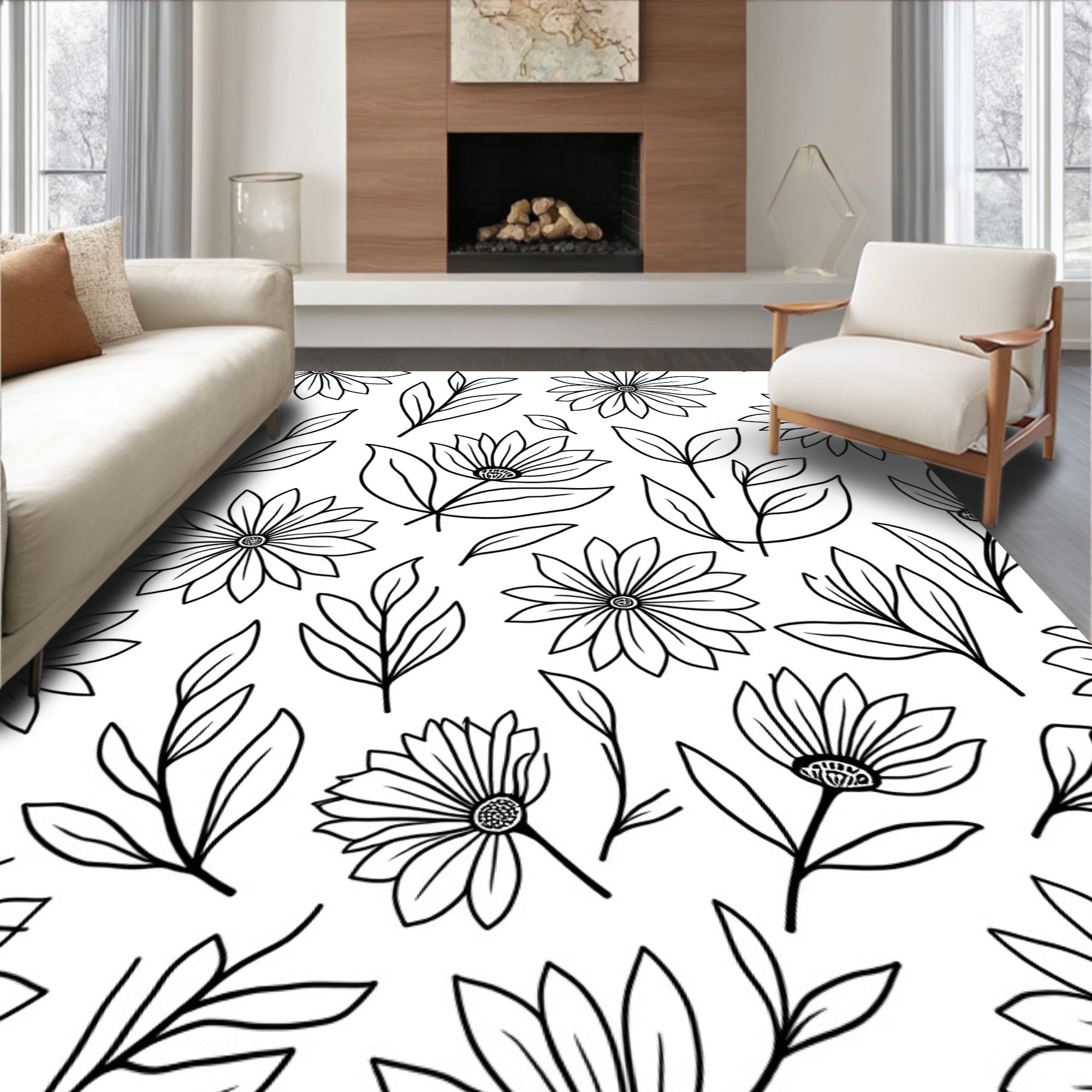 Floral Line Art Botanical Pattern Rug