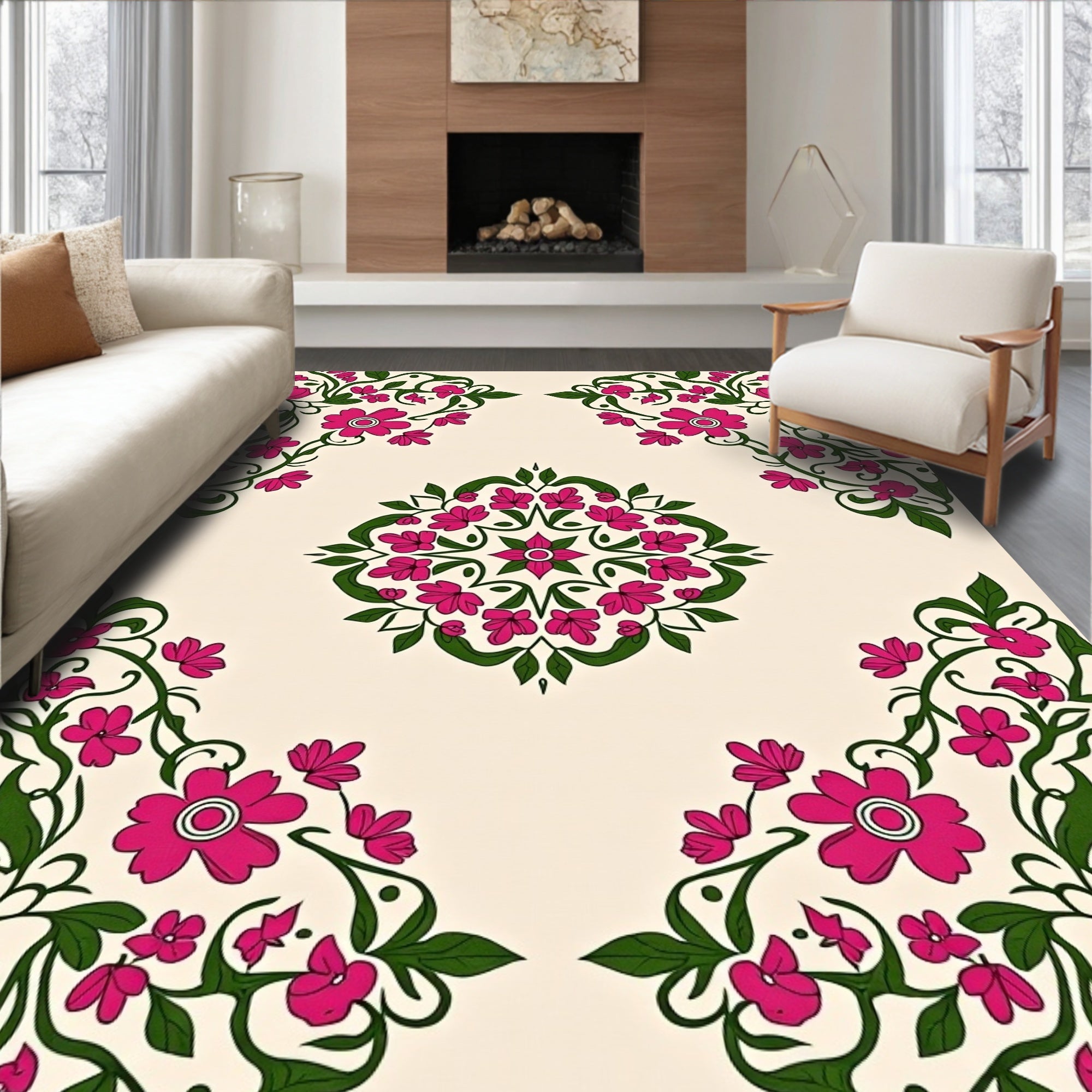 Floral Mandala Design with Green Vines Rug