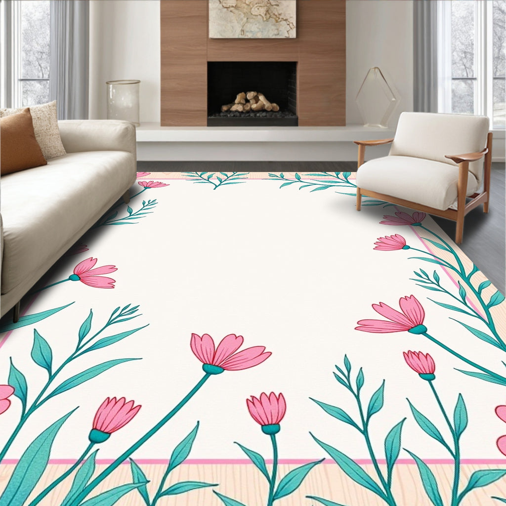Pink Floral Branches Botanical Border Rug