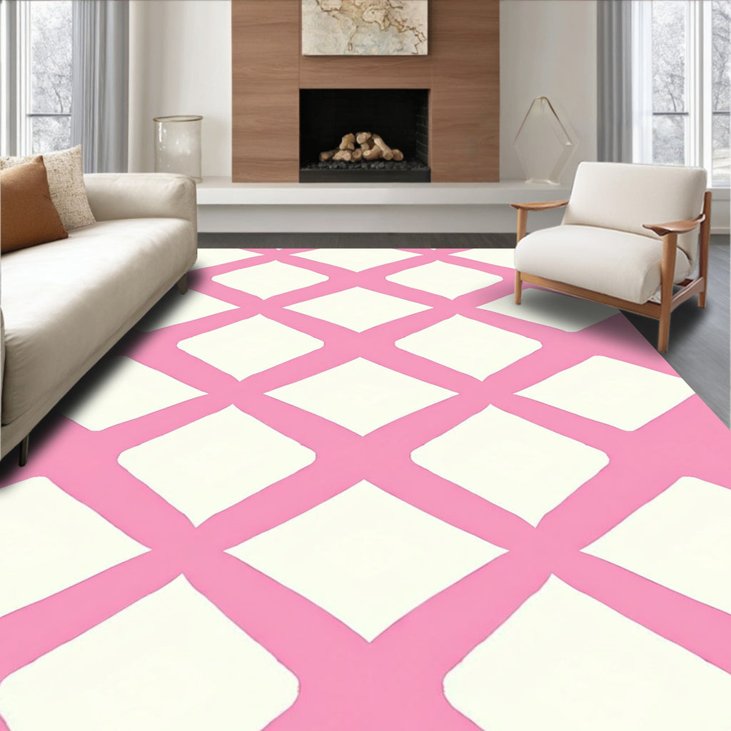 Pink White Lattice Geo Print Rug