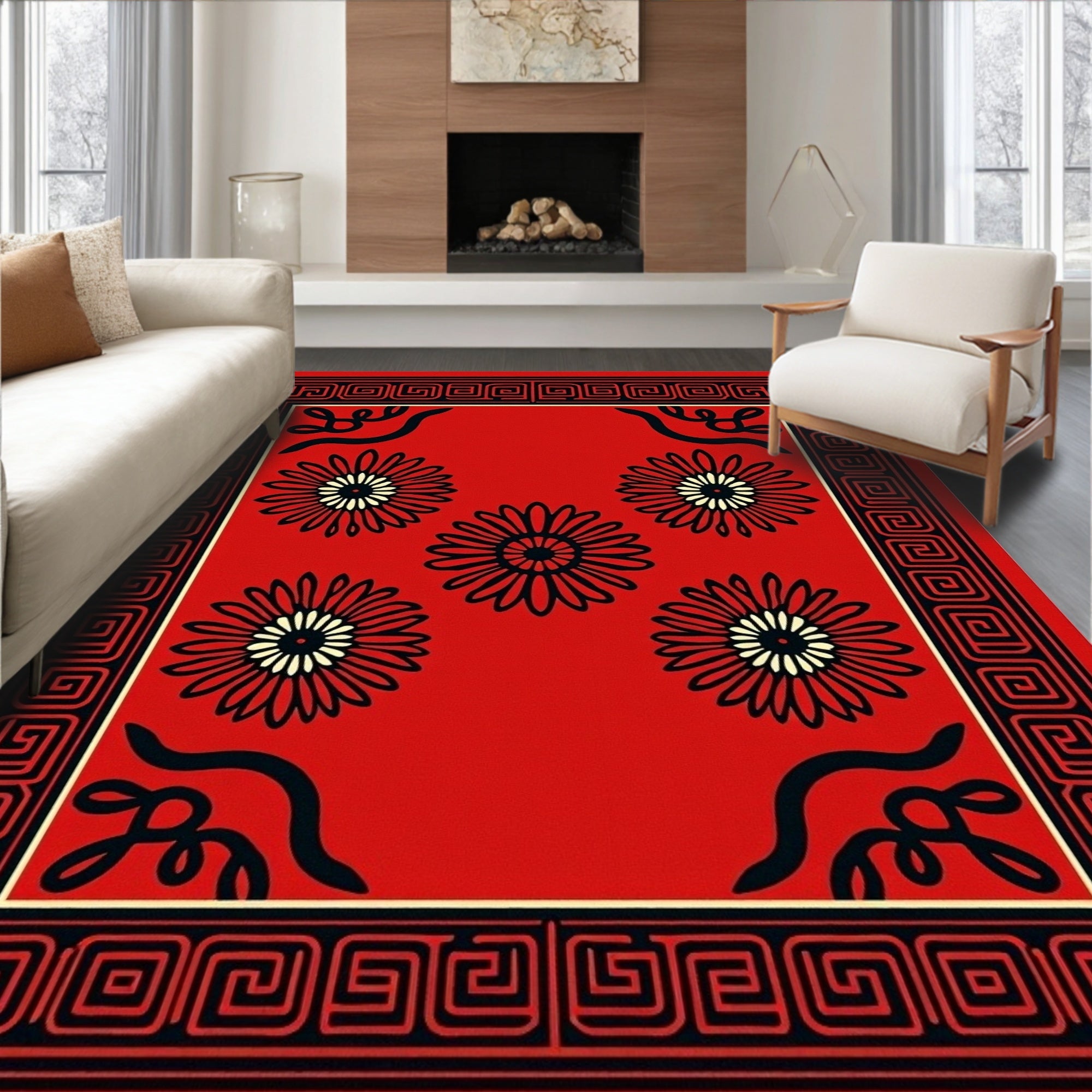 Red Floral Geometric Border Runner Design Rug