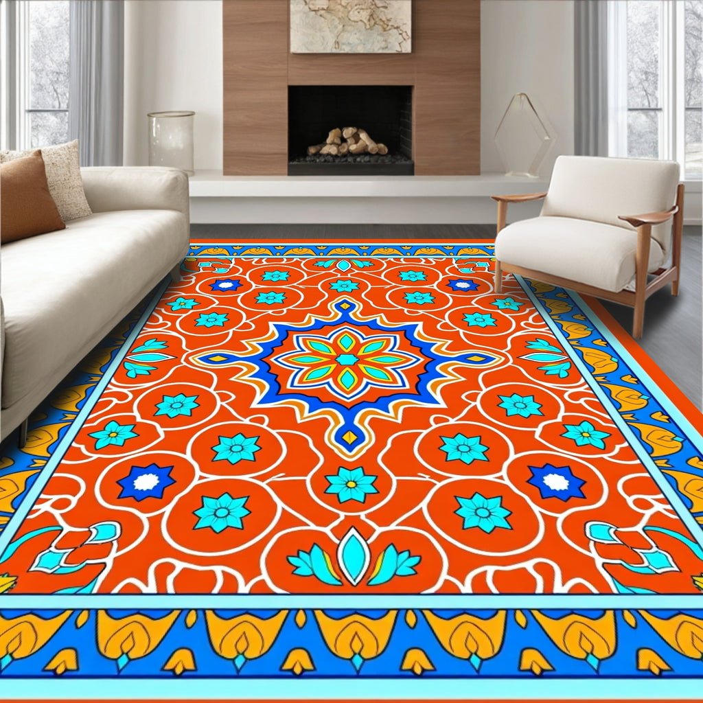 Orange Blue Medallion Floral Pattern Rug