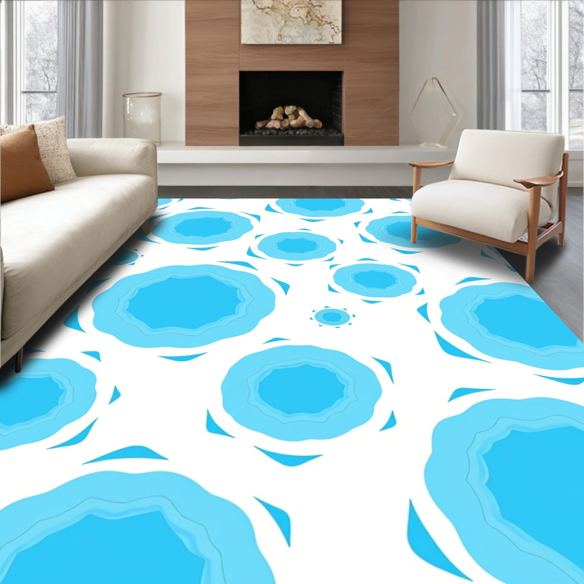 Blue Ring Snowflake Pattern Rug