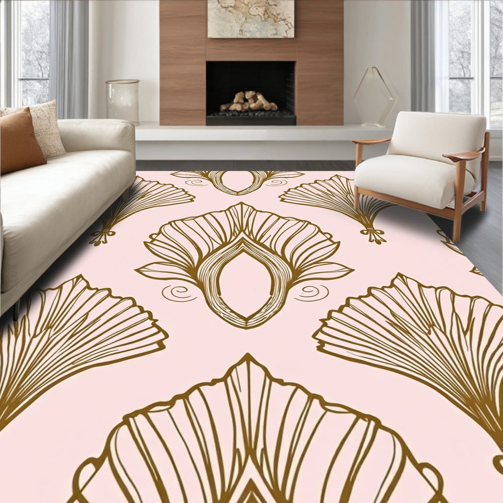 Gold Fan and Scroll Mid-Century Pattern Rug